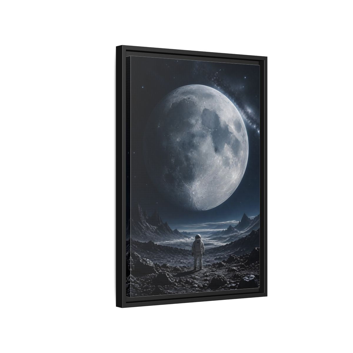 Side Mockup 3. Science Fiction Astronaut Dark Blue And Grey shown as stretched canvas wall art