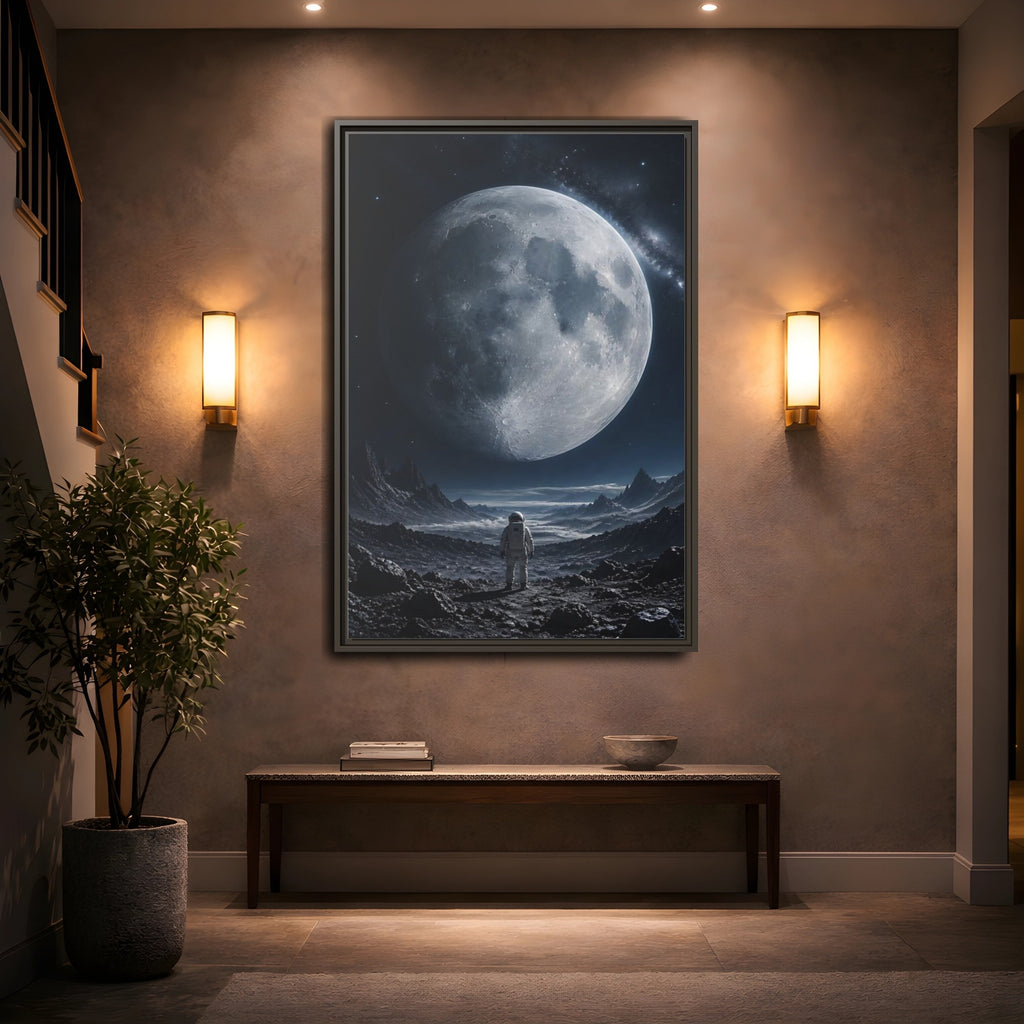 Mockup 2. Science Fiction Astronaut Dark Blue And Grey shown as stretched canvas wall art