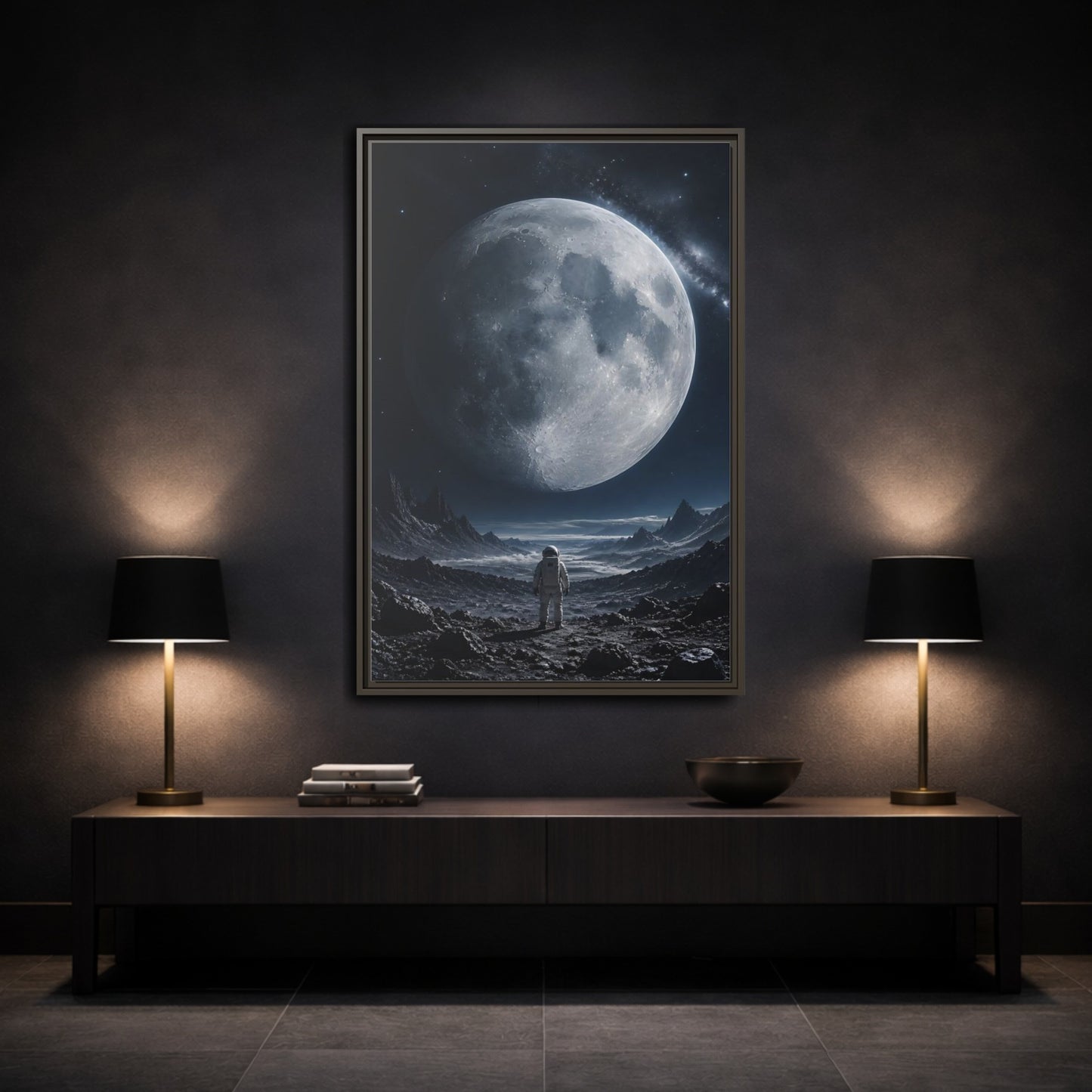 Science Fiction Astronaut Dark Blue and Framed Canvas Wall Art - Sci-Fi Living Room shown as canvas wall art