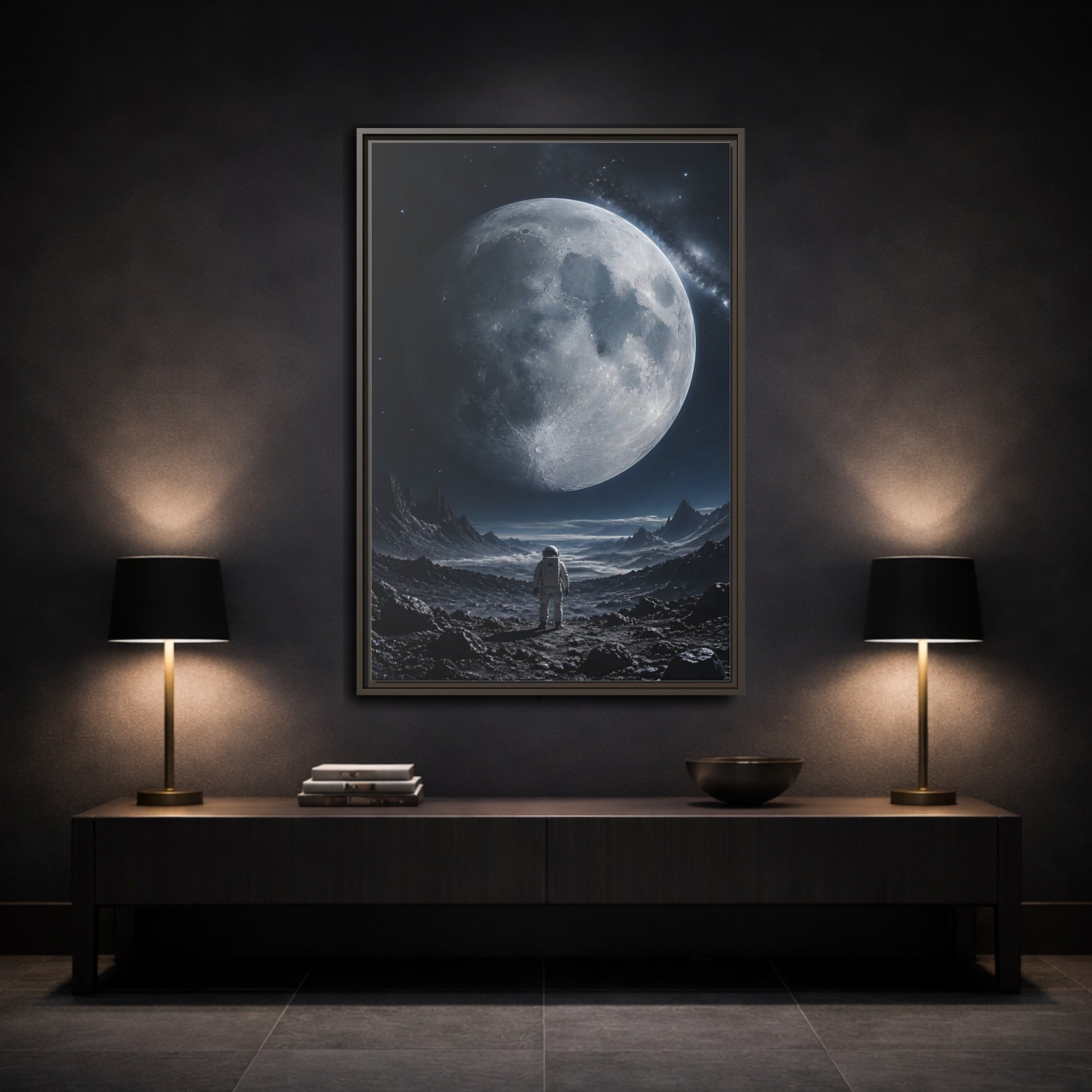 Mockup 3. Science Fiction Astronaut Dark Blue And Grey shown as stretched canvas wall art