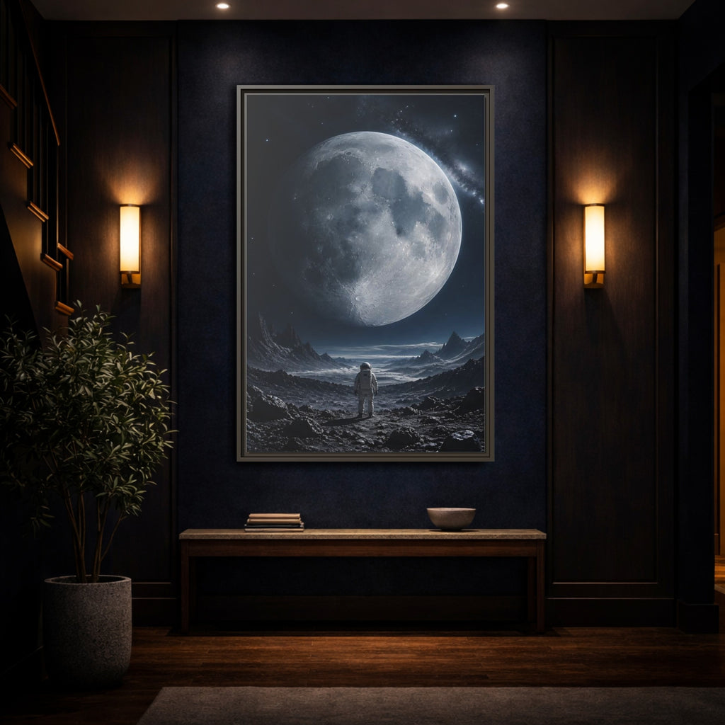 Mockup 4. Science Fiction Astronaut Dark Blue And Grey shown as stretched canvas wall art