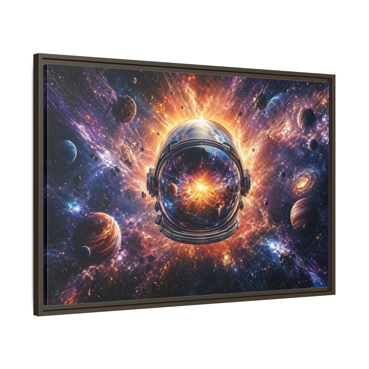 Main Mockup. Science Fiction Astronaut Helmet Vibrant Space Cosmos shown as stretched canvas wall art