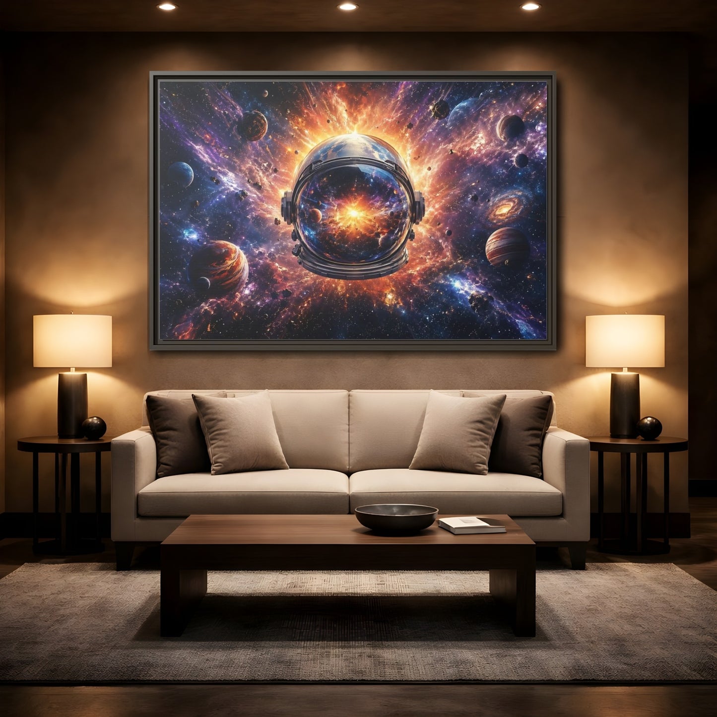 Mockup 2. Science Fiction Astronaut Helmet Vibrant Space Cosmos shown as stretched canvas wall art