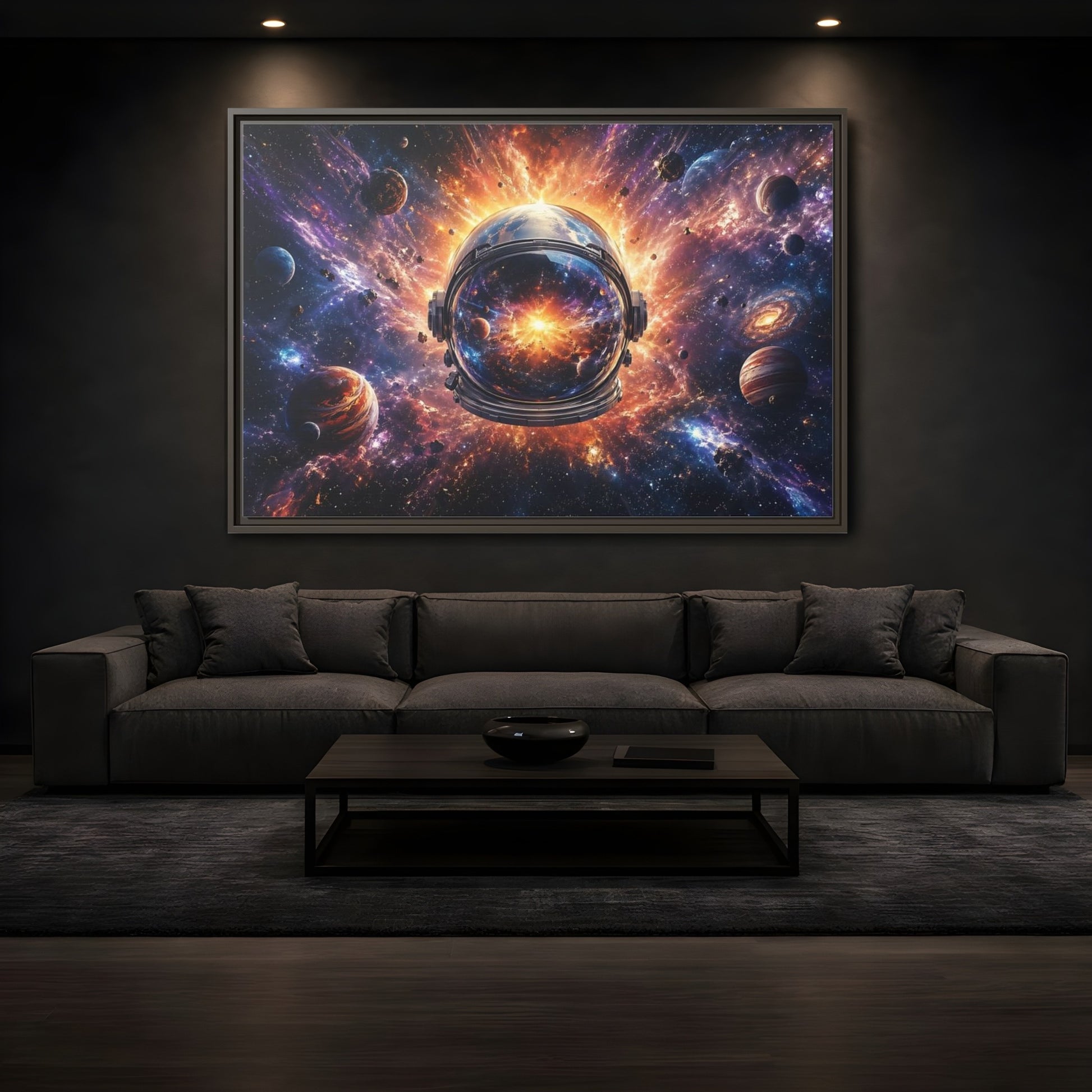 Mockup 3. Science Fiction Astronaut Helmet Vibrant Space Cosmos shown as stretched canvas wall art