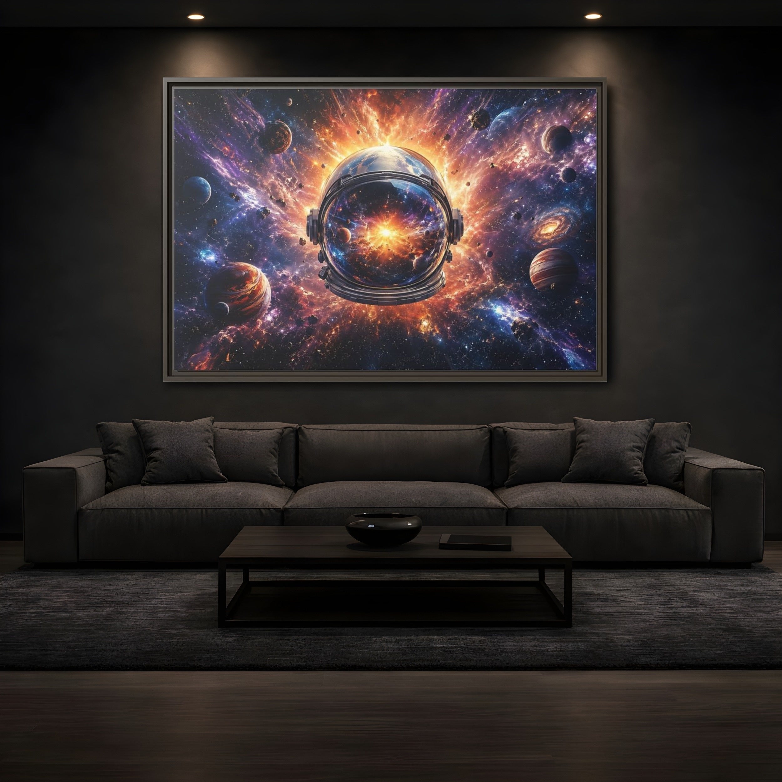 Mockup 3. Science Fiction Astronaut Helmet Vibrant Space Cosmos shown as stretched canvas wall art