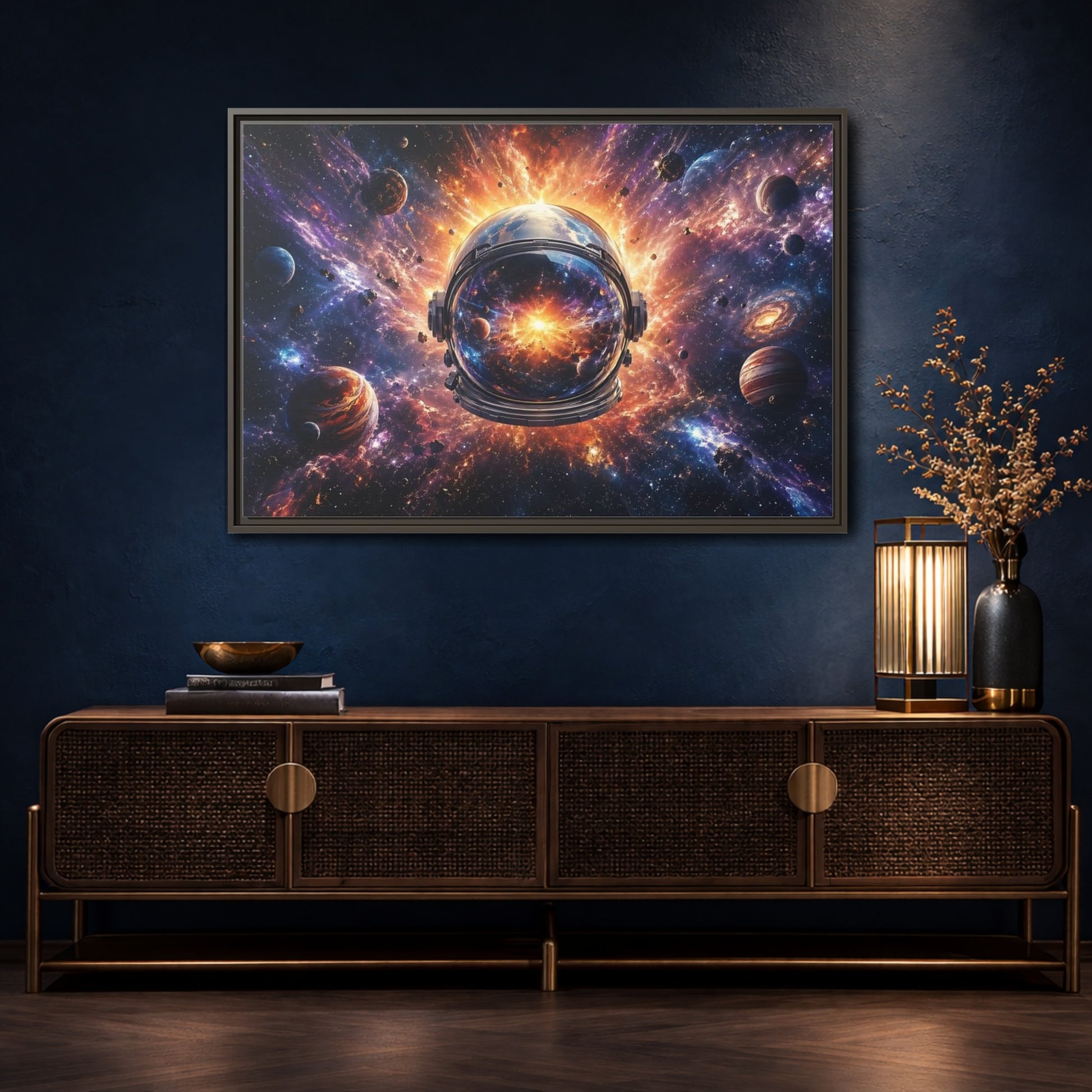 Mockup 4. Science Fiction Astronaut Helmet Vibrant Space Cosmos shown as stretched canvas wall art