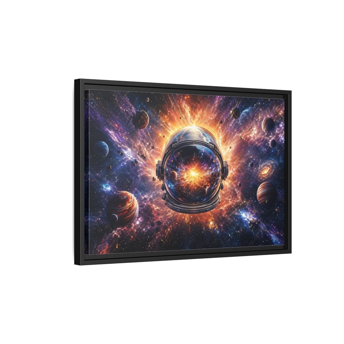 Side Mockup 3. Science Fiction Astronaut Helmet Vibrant Space Cosmos shown as stretched canvas wall art