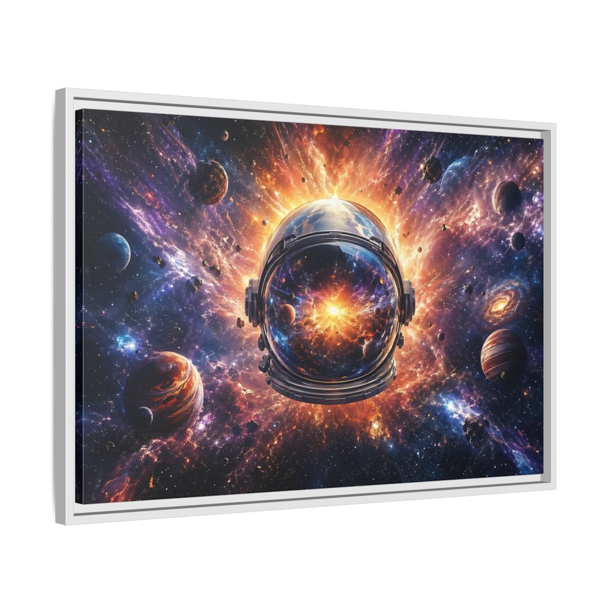 Side Mockup 10. Science Fiction Astronaut Helmet Vibrant Space Cosmos shown as stretched canvas wall art