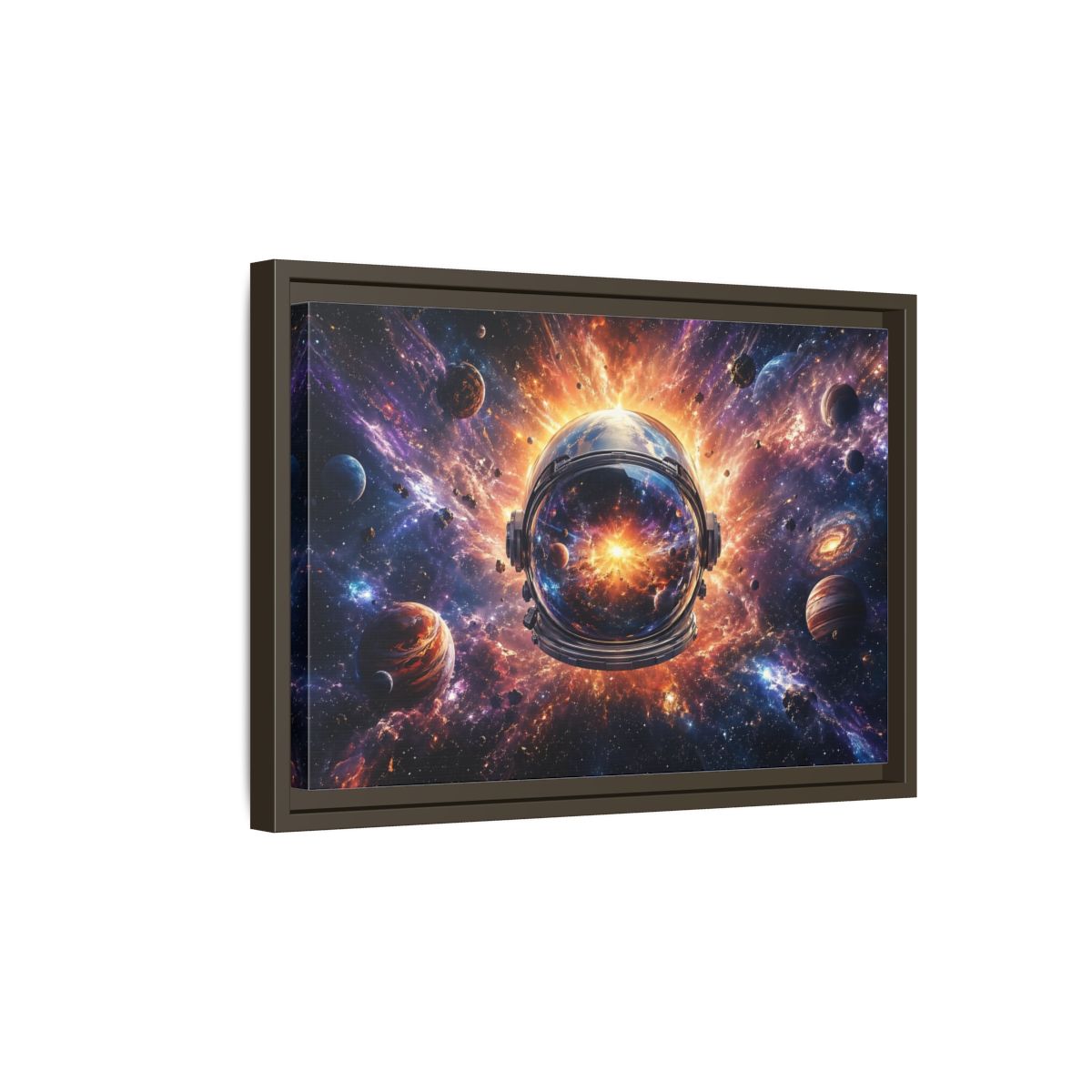 Side Mockup 5. Science Fiction Astronaut Helmet Vibrant Space Cosmos shown as stretched canvas wall art