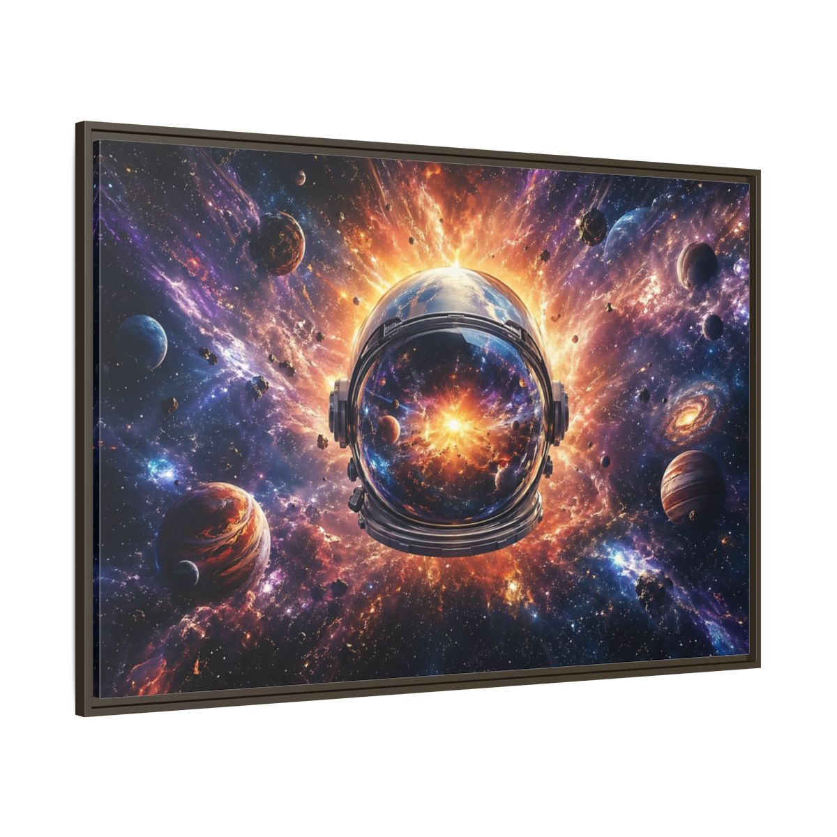 Side Mockup 8. Science Fiction Astronaut Helmet Vibrant Space Cosmos shown as stretched canvas wall art