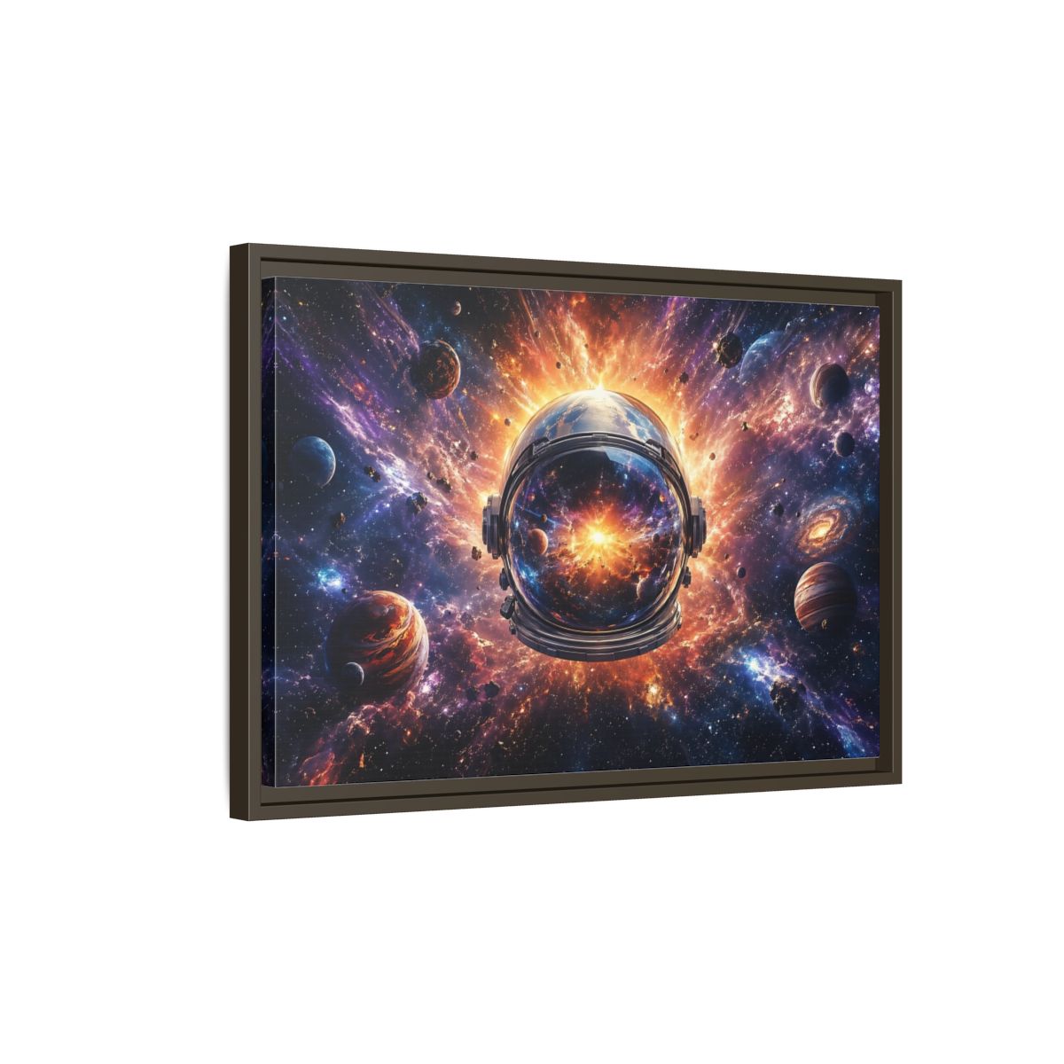 Side Mockup 2. Science Fiction Astronaut Helmet Vibrant Space Cosmos shown as stretched canvas wall art