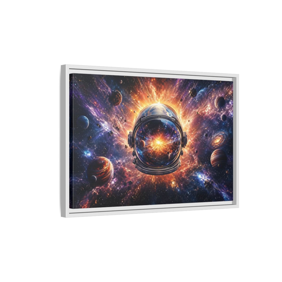 Side Mockup 1. Science Fiction Astronaut Helmet Vibrant Space Cosmos shown as stretched canvas wall art