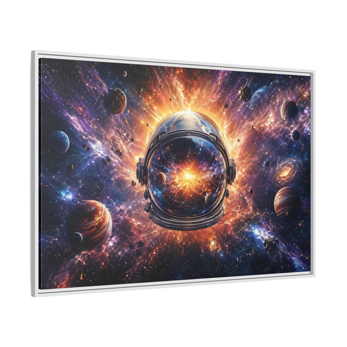 Side Mockup 7. Science Fiction Astronaut Helmet Vibrant Space Cosmos shown as stretched canvas wall art