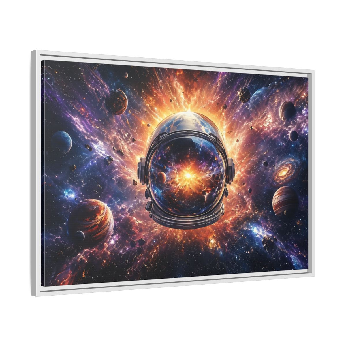Side Mockup 9. Science Fiction Astronaut Helmet Vibrant Space Cosmos shown as stretched canvas wall art