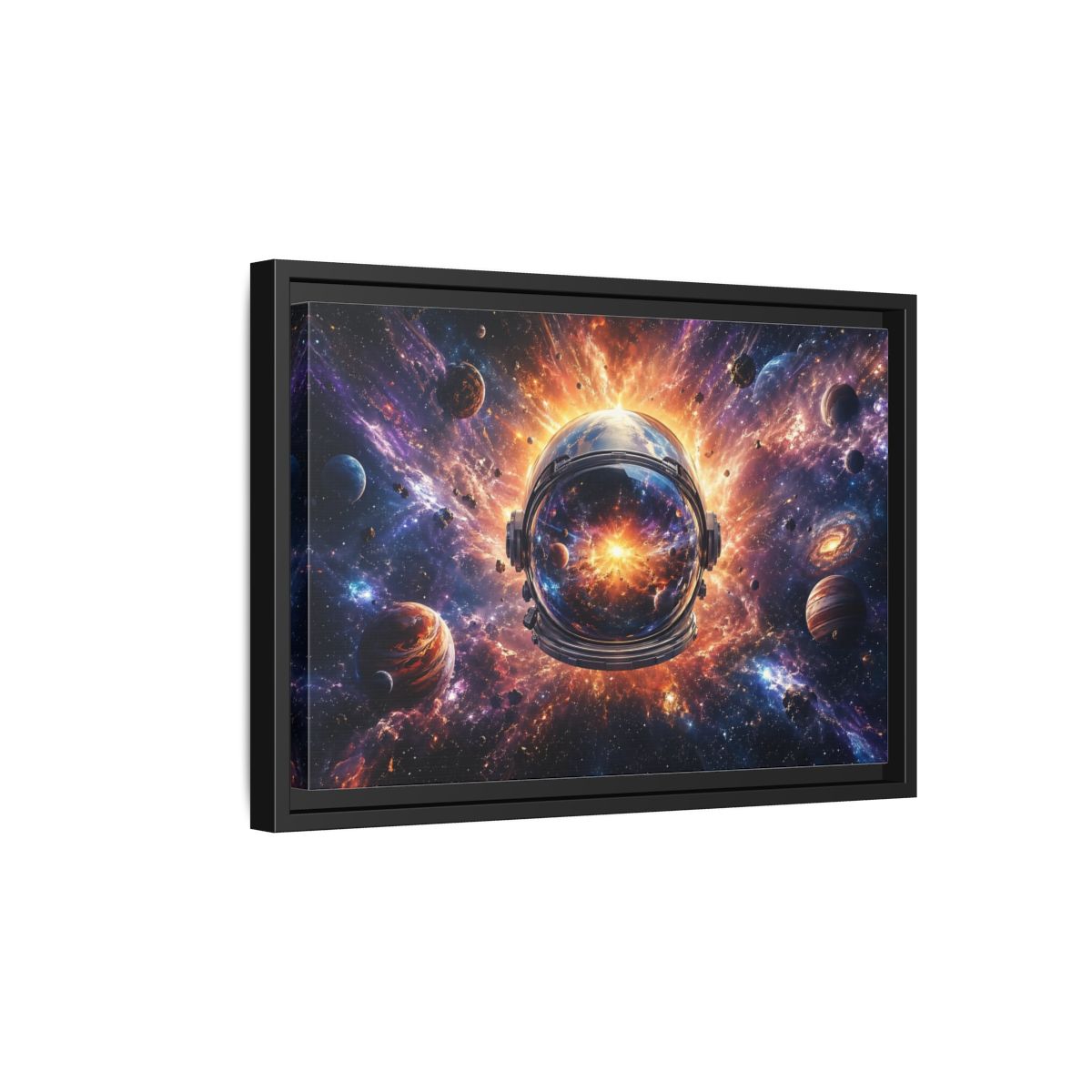 Side Mockup 6. Science Fiction Astronaut Helmet Vibrant Space Cosmos shown as stretched canvas wall art