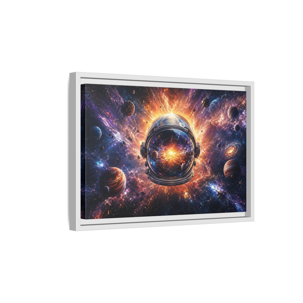 Side Mockup 4. Science Fiction Astronaut Helmet Vibrant Space Cosmos shown as stretched canvas wall art