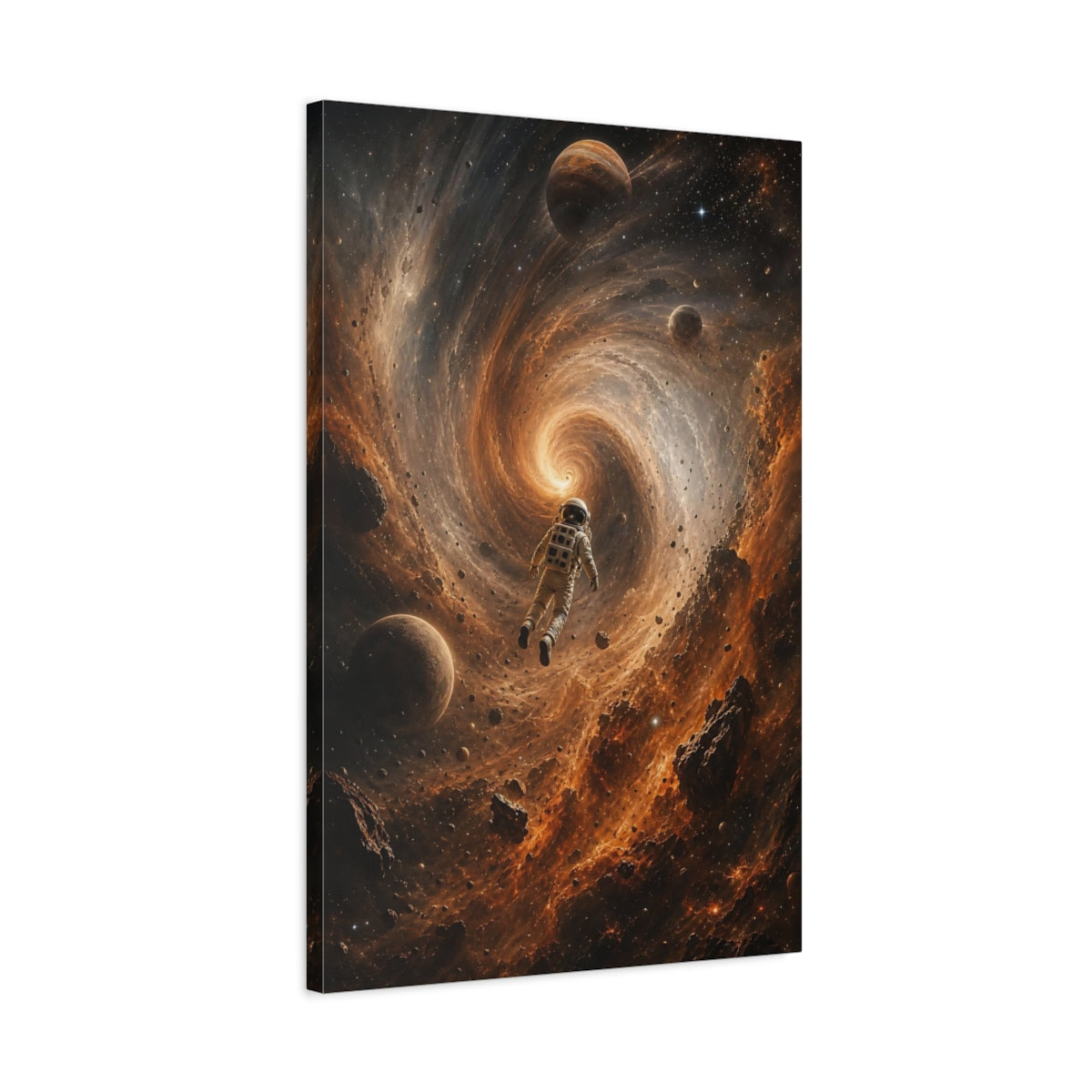 Science Fiction Astronaut Orange Black Space Canvas Wall Art Print - Surreal Living Room, Above Sofa shown as canvas wall art