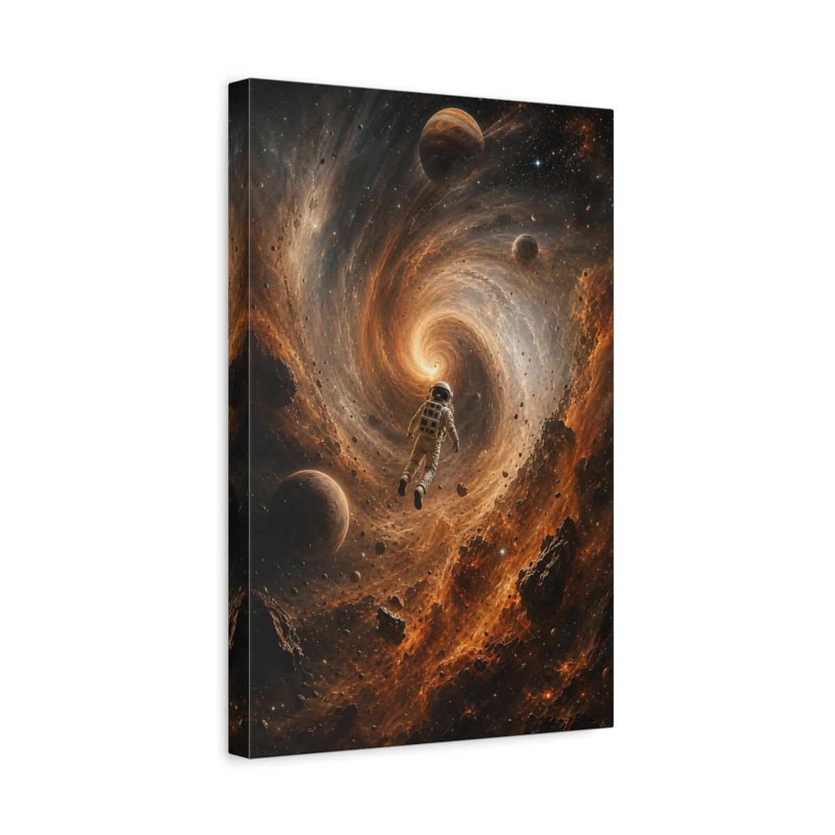 Side Mockup 4. Science Fiction Astronaut Orange Black Space shown as stretched canvas wall art