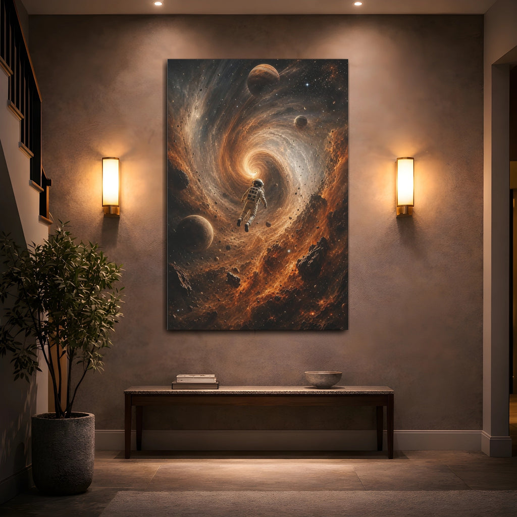 Mockup 2. Science Fiction Astronaut Orange Black Space shown as stretched canvas wall art