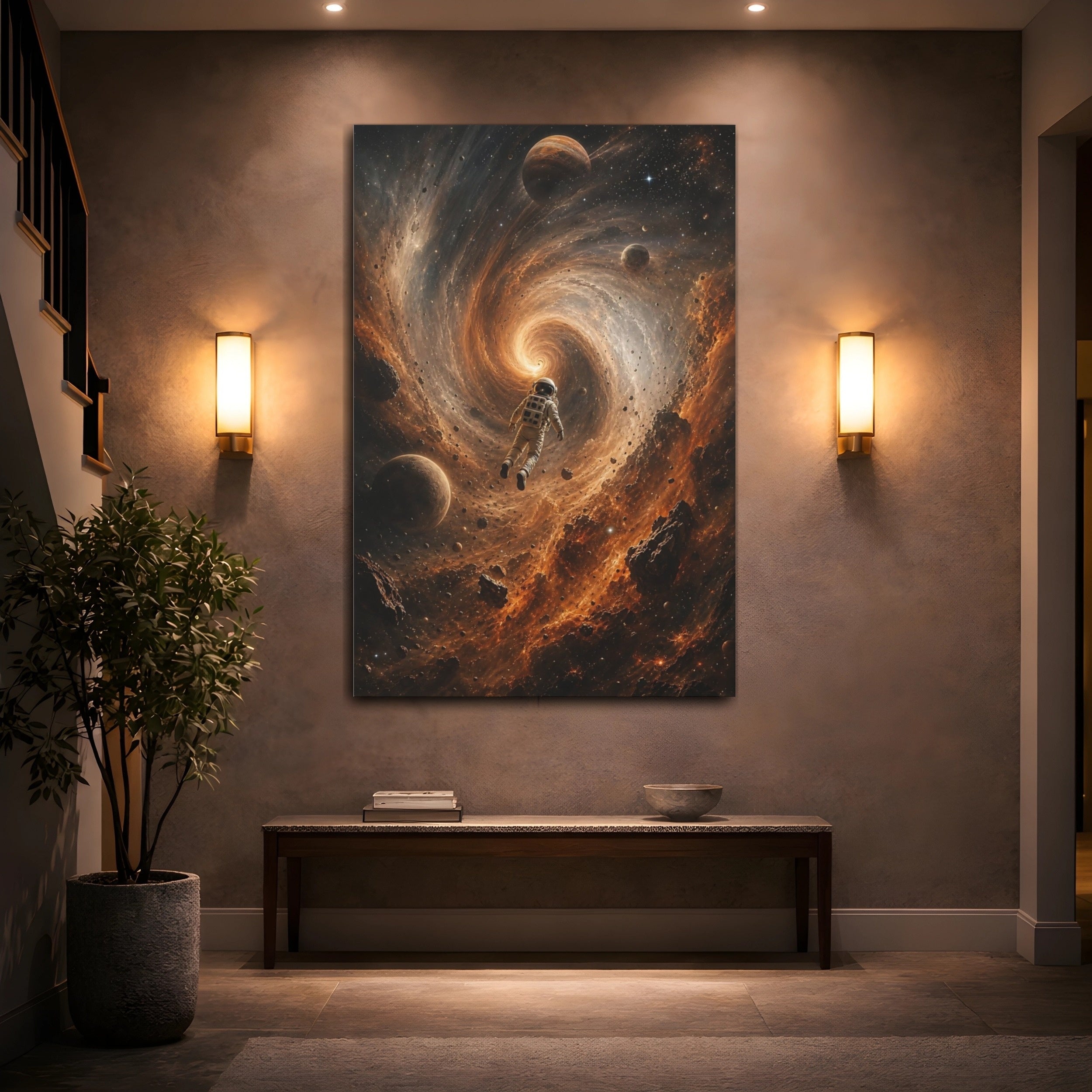 Mockup 2. Science Fiction Astronaut Orange Black Space shown as stretched canvas wall art