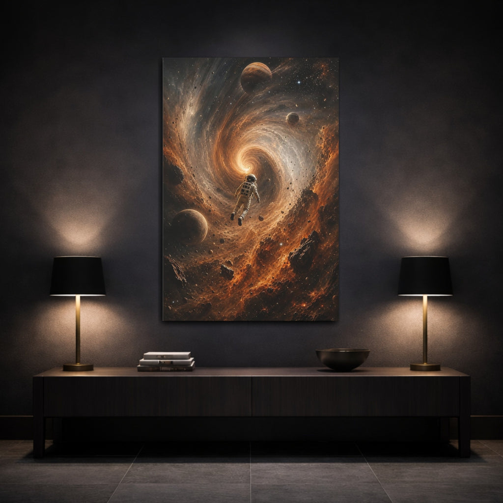 Mockup 3. Science Fiction Astronaut Orange Black Space shown as stretched canvas wall art