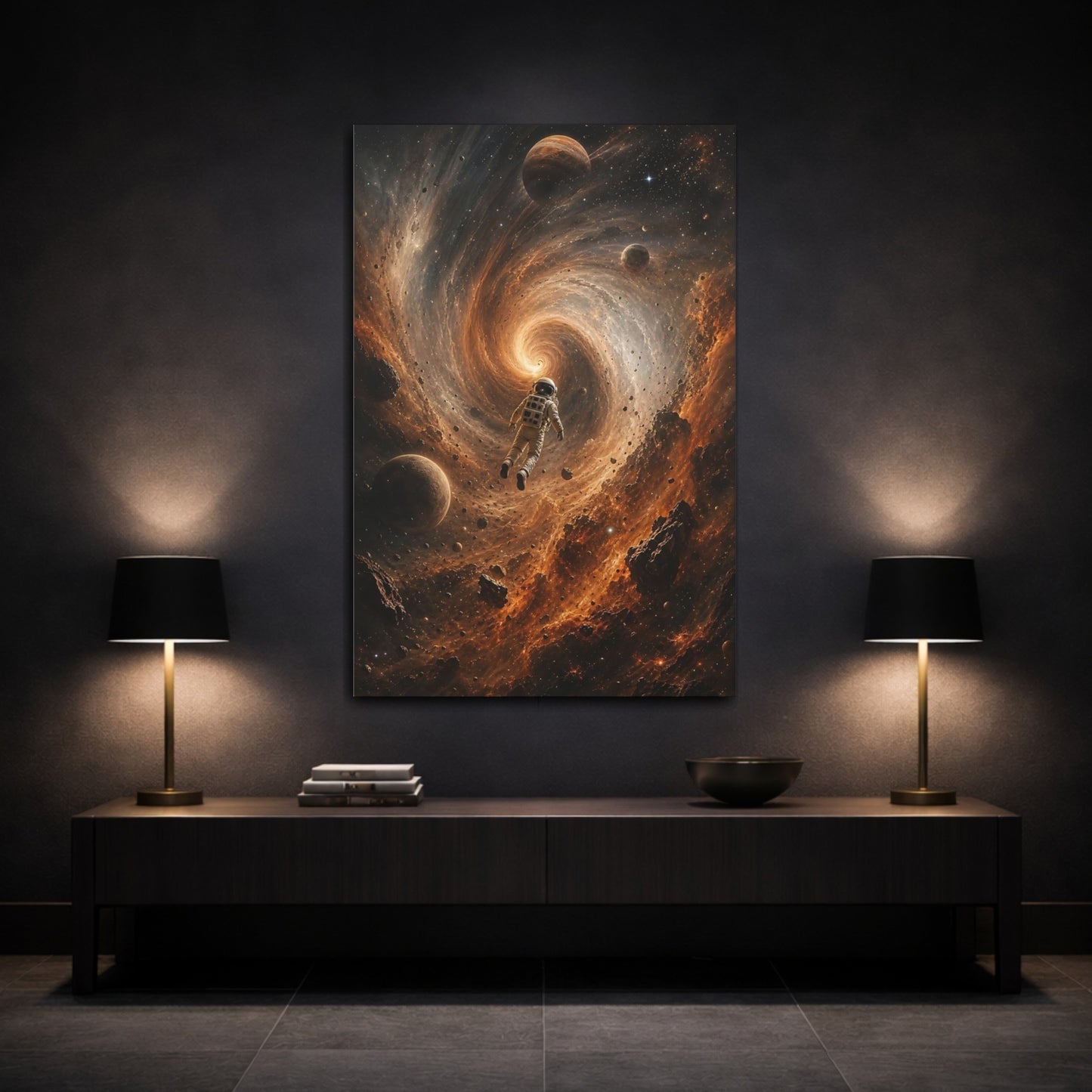 Science Fiction Astronaut Orange Black Space Canvas Wall Art Print - Surreal Living Room, Above Sofa shown as canvas wall art