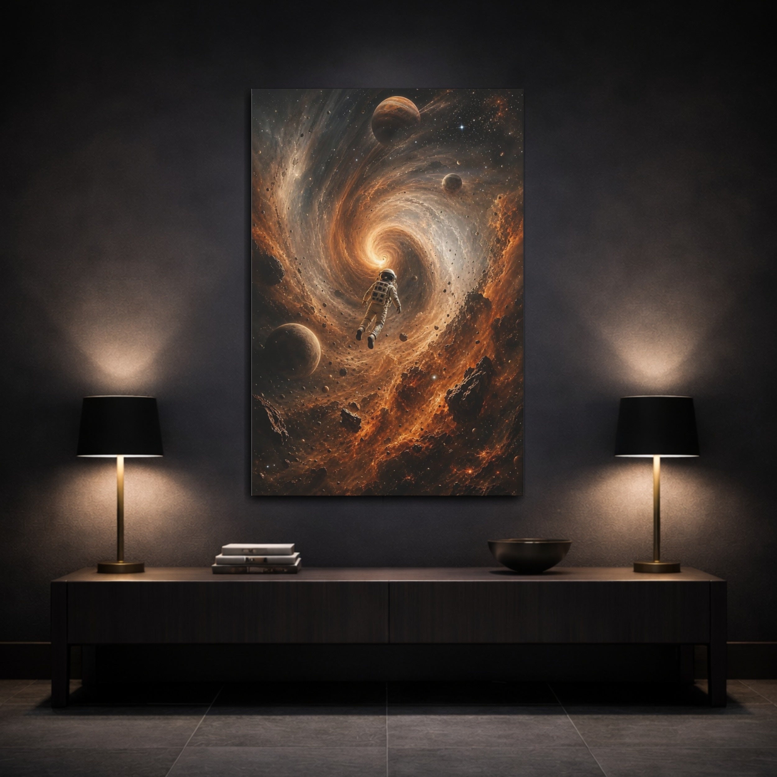 Mockup 3. Science Fiction Astronaut Orange Black Space shown as stretched canvas wall art