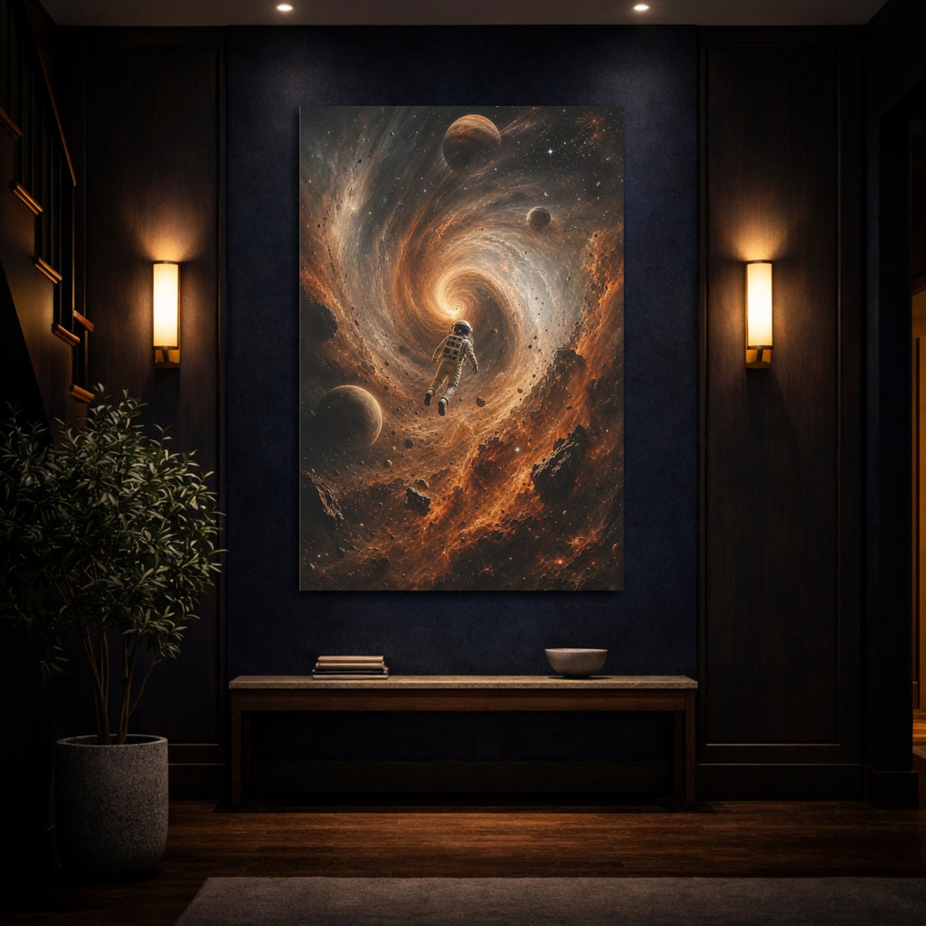 Mockup 4. Science Fiction Astronaut Orange Black Space shown as stretched canvas wall art