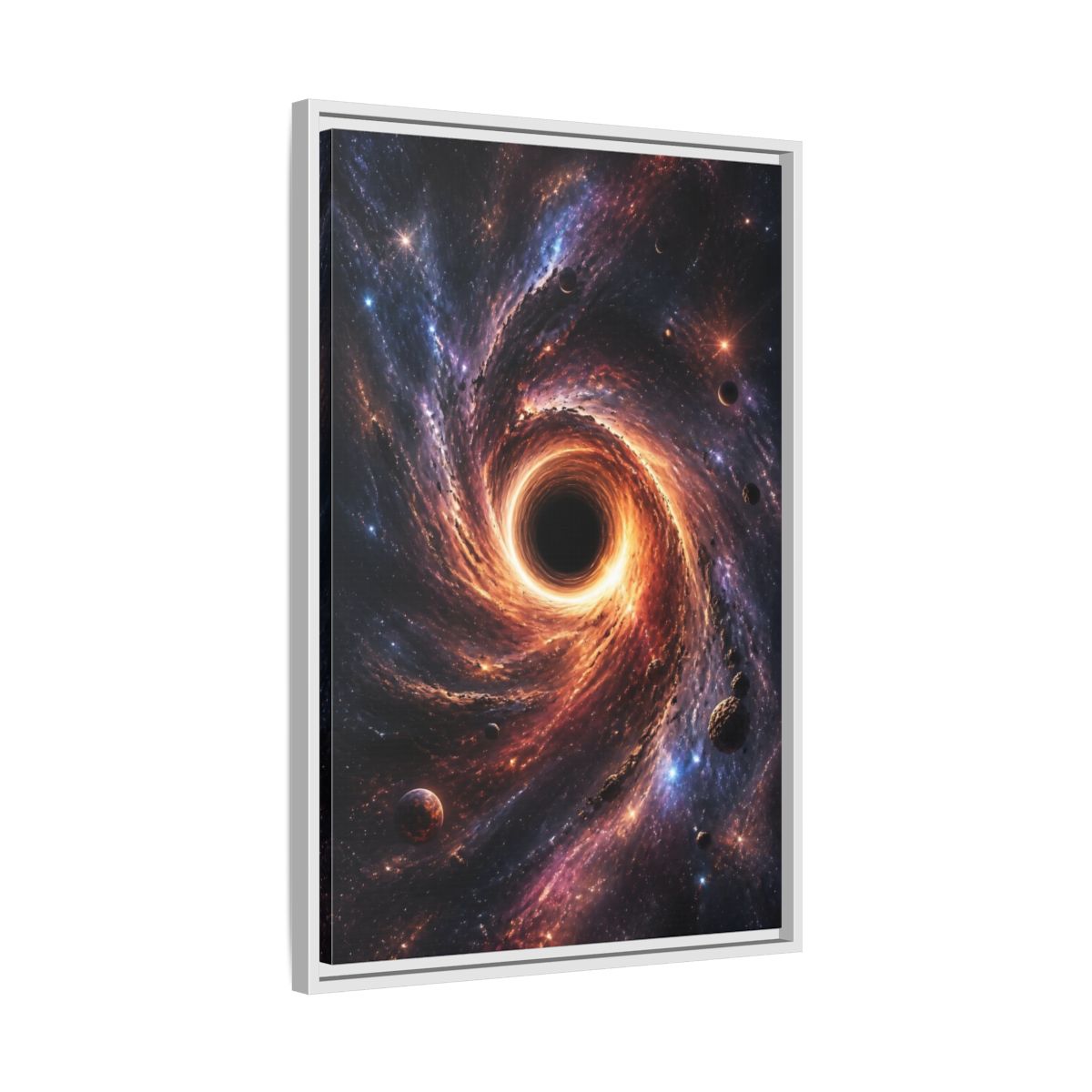Side Mockup 10. Science Fiction Black Hole Orange Purple Nebula shown as stretched canvas wall art