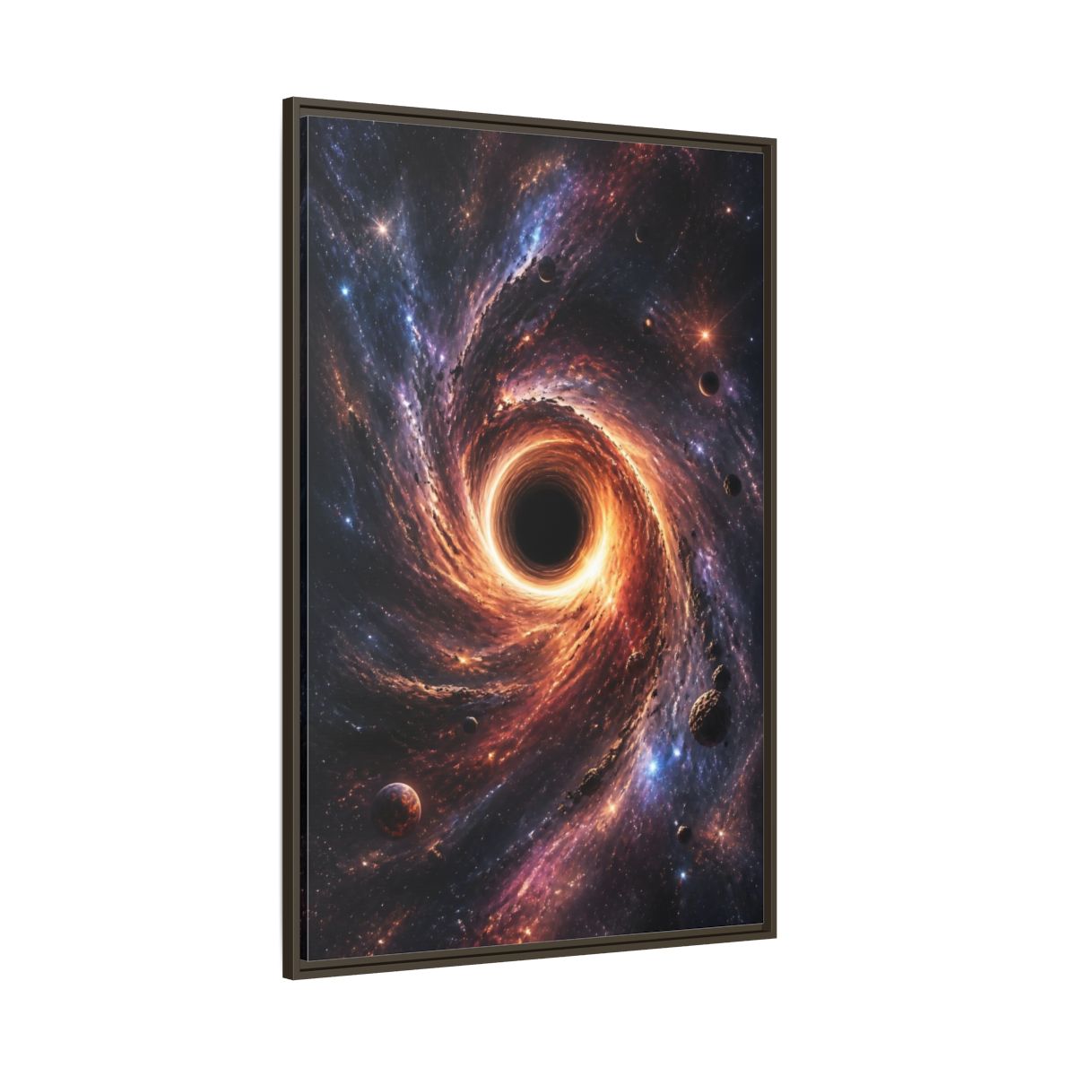 Side Mockup 8. Science Fiction Black Hole Orange Purple Nebula shown as stretched canvas wall art