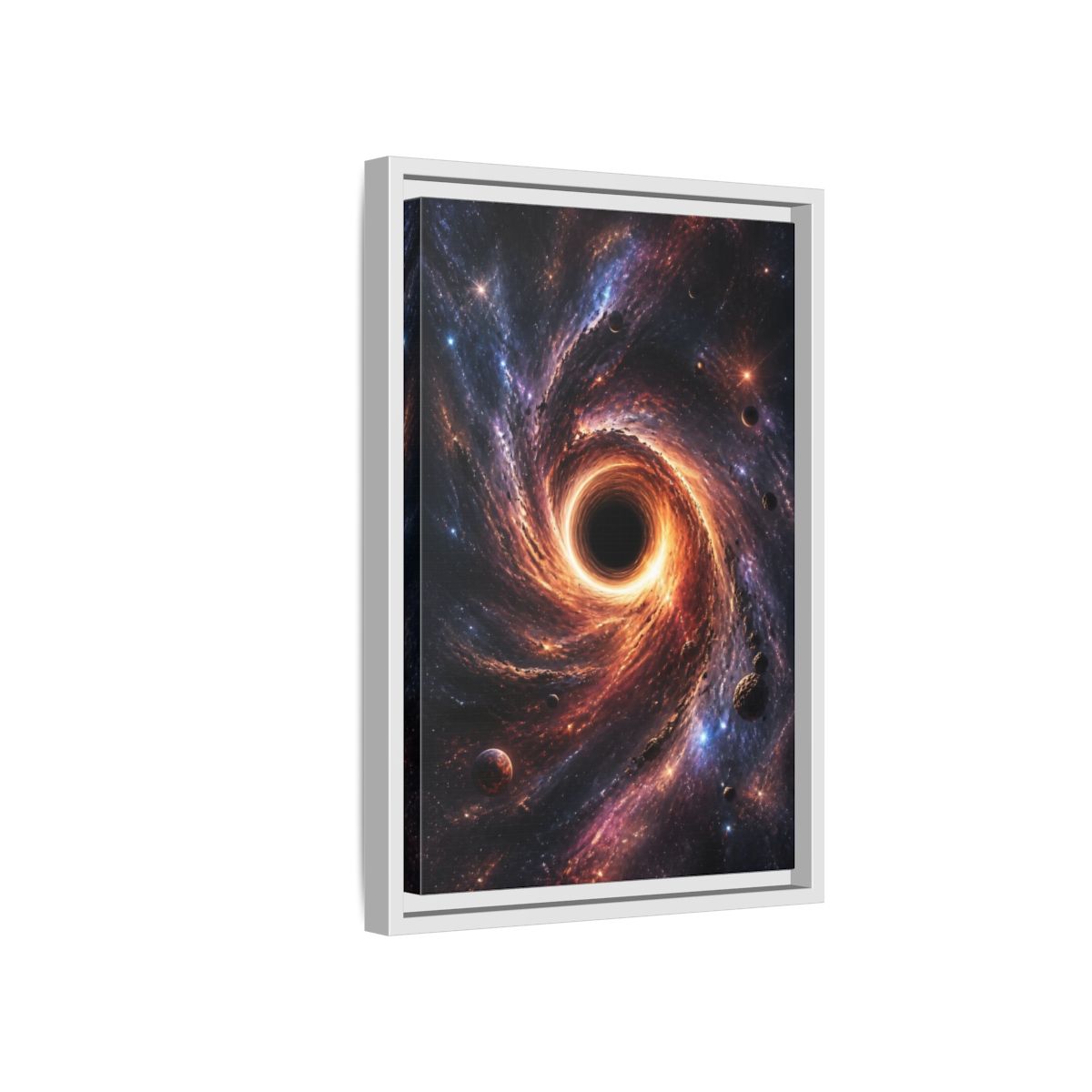 Side Mockup 4. Science Fiction Black Hole Orange Purple Nebula shown as stretched canvas wall art