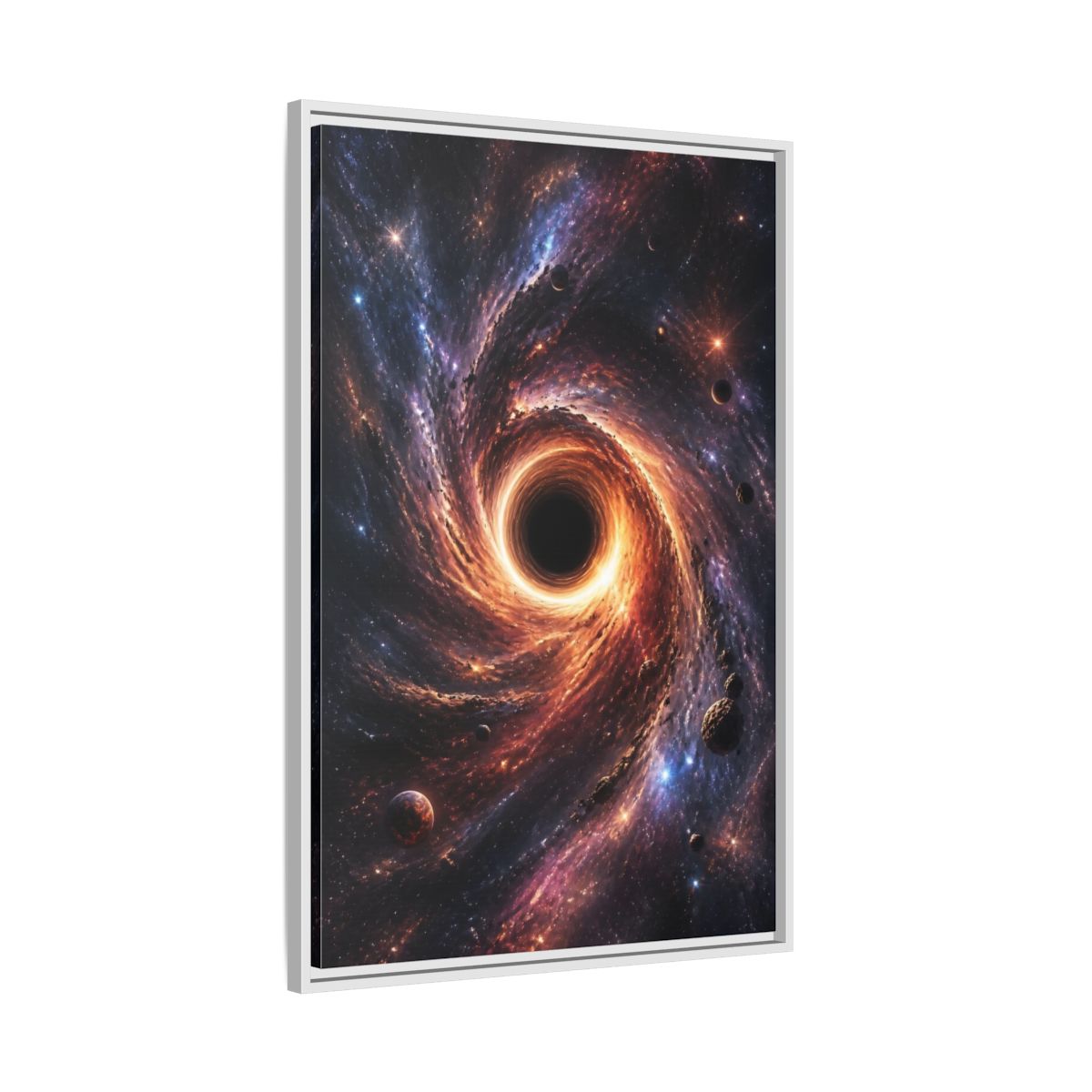 Side Mockup 9. Science Fiction Black Hole Orange Purple Nebula shown as stretched canvas wall art