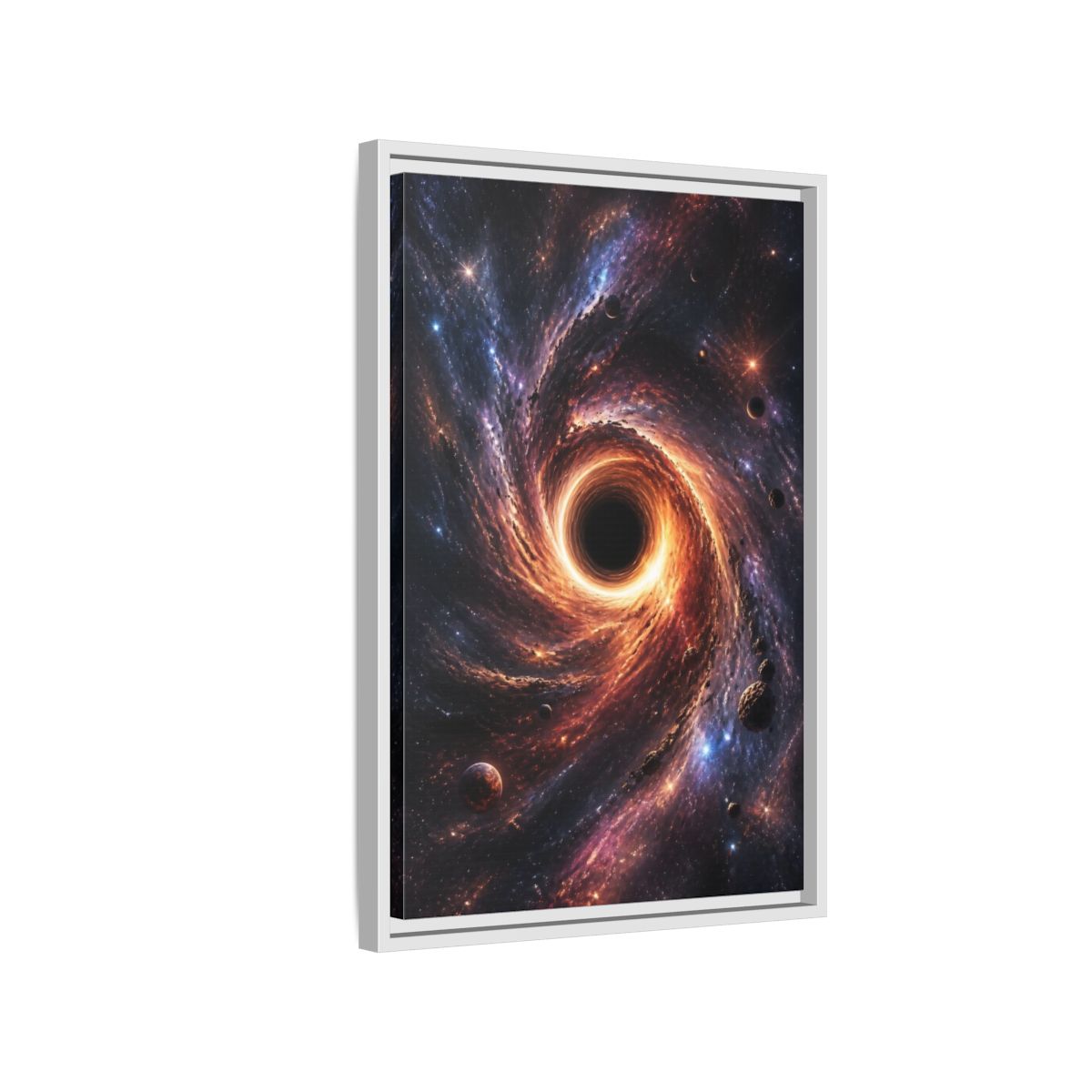 Side Mockup 1. Science Fiction Black Hole Orange Purple Nebula shown as stretched canvas wall art