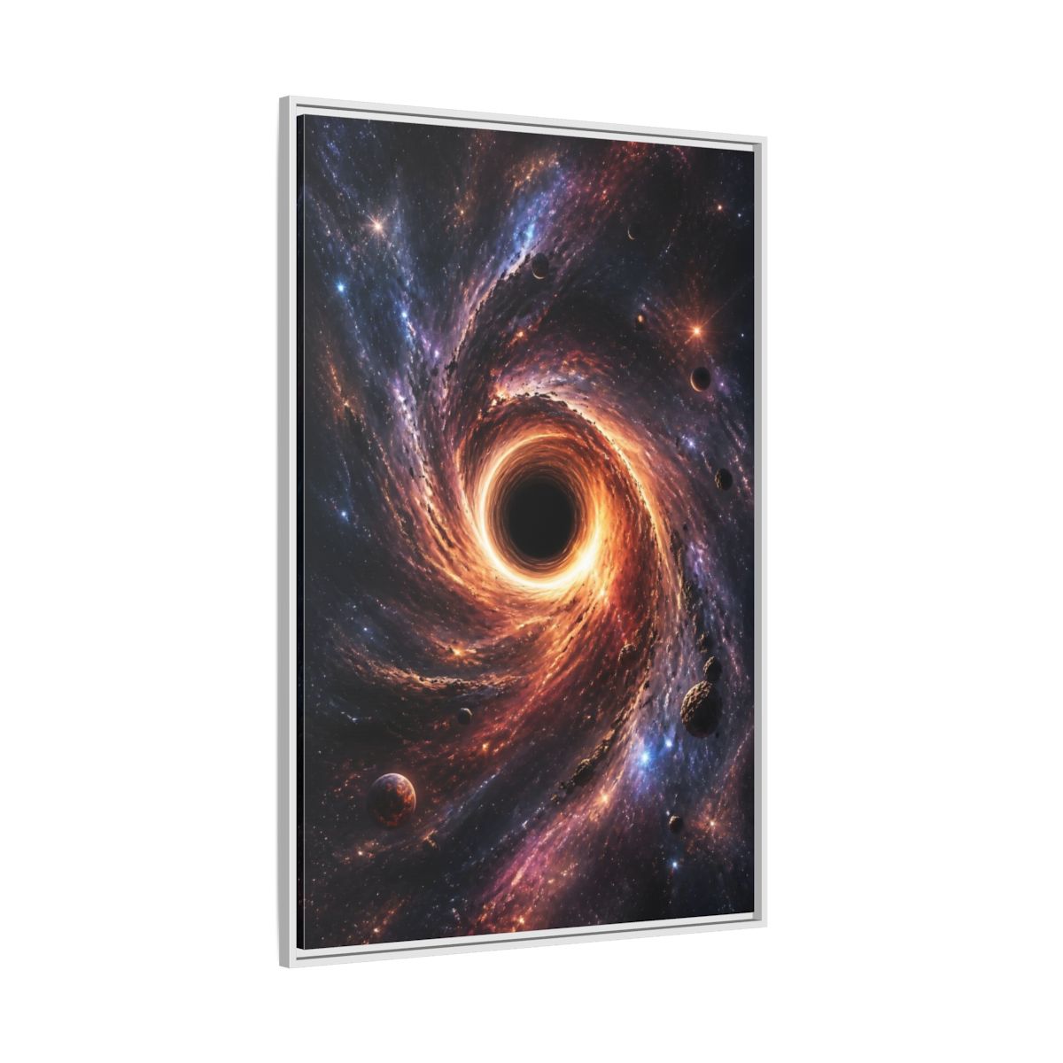 Side Mockup 7. Science Fiction Black Hole Orange Purple Nebula shown as stretched canvas wall art