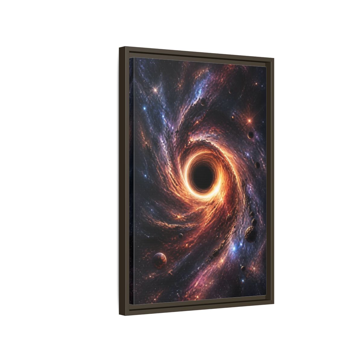 Side Mockup 2. Science Fiction Black Hole Orange Purple Nebula shown as stretched canvas wall art