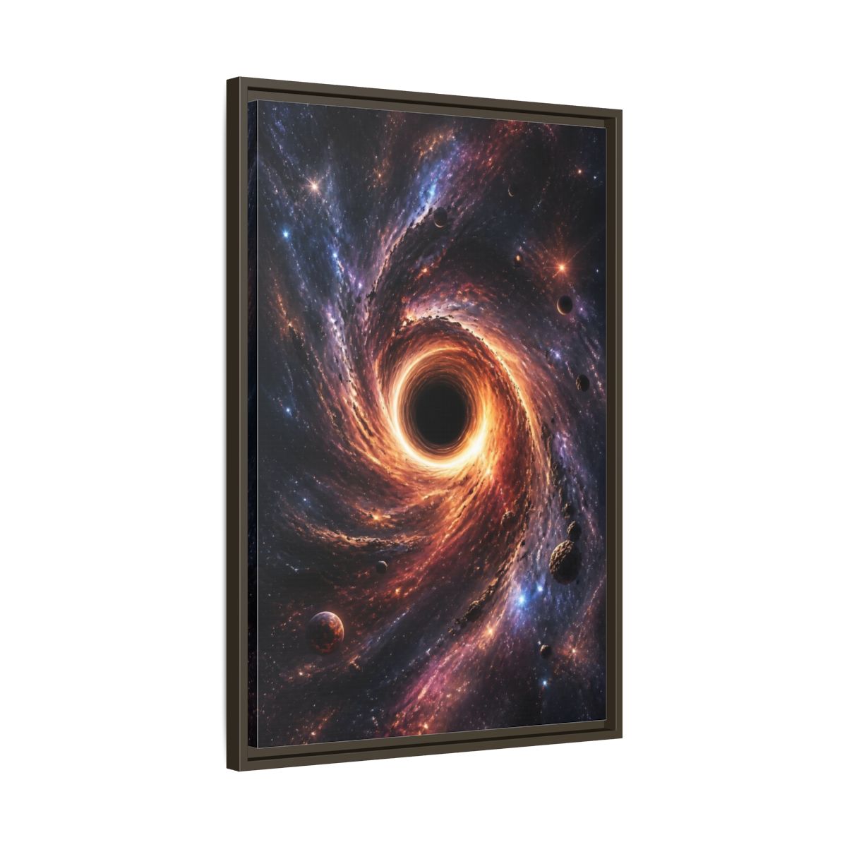Side Mockup 11. Science Fiction Black Hole Orange Purple Nebula shown as stretched canvas wall art