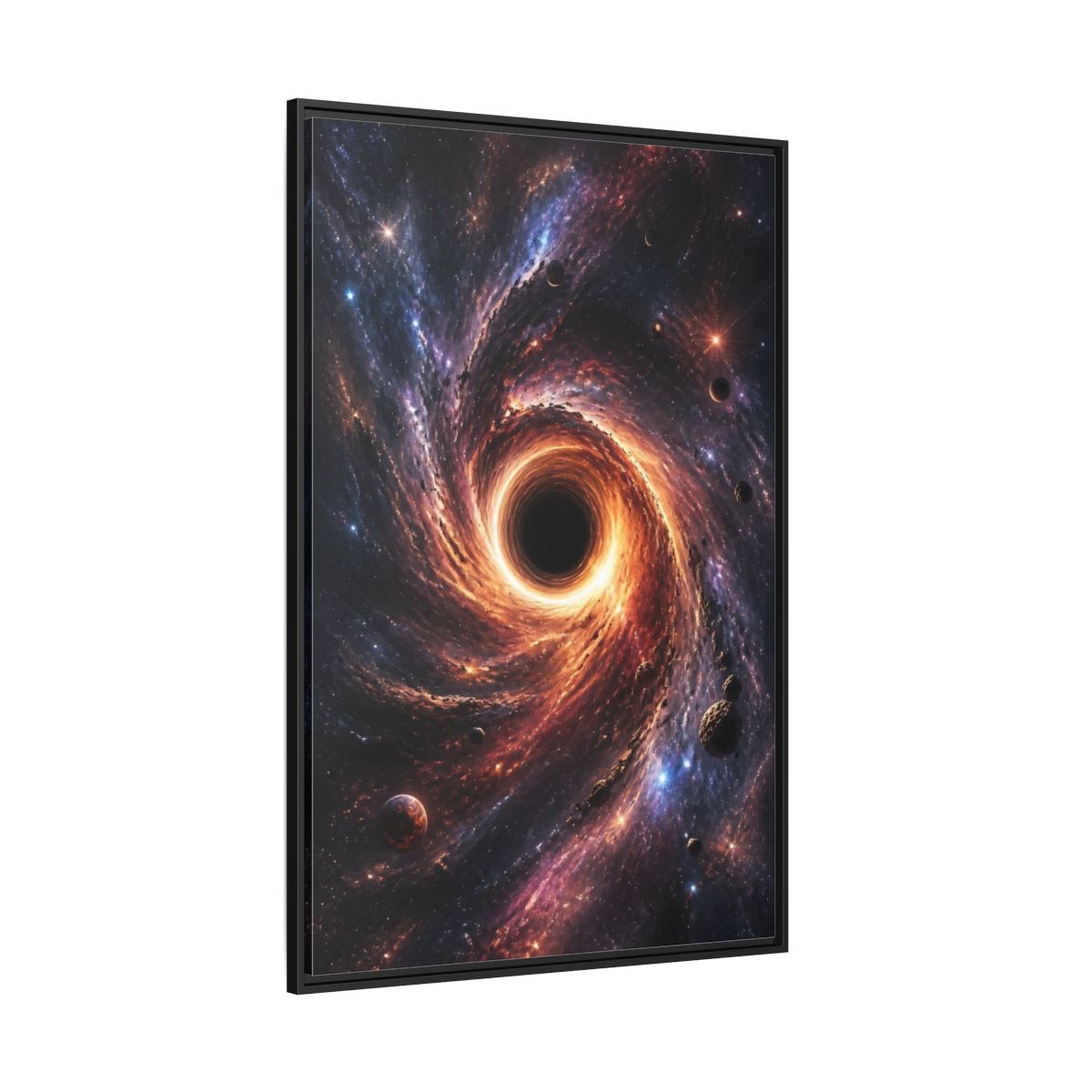 Side Mockup 12. Science Fiction Black Hole Orange Purple Nebula shown as stretched canvas wall art