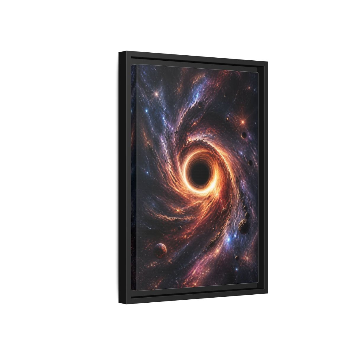 Side Mockup 6. Science Fiction Black Hole Orange Purple Nebula shown as stretched canvas wall art