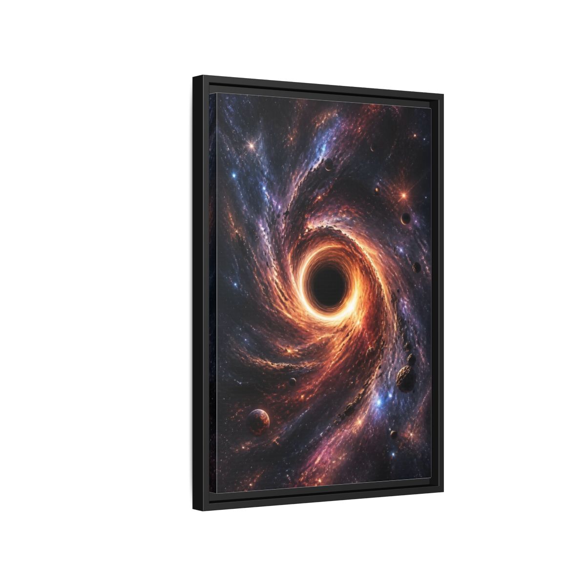 Side Mockup 3. Science Fiction Black Hole Orange Purple Nebula shown as stretched canvas wall art