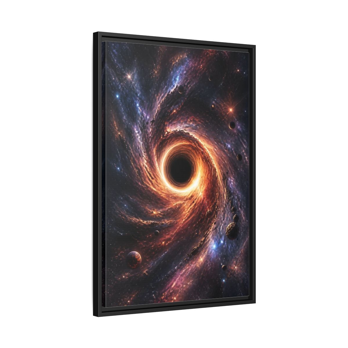 Side Mockup 14. Science Fiction Black Hole Orange Purple Nebula shown as stretched canvas wall art