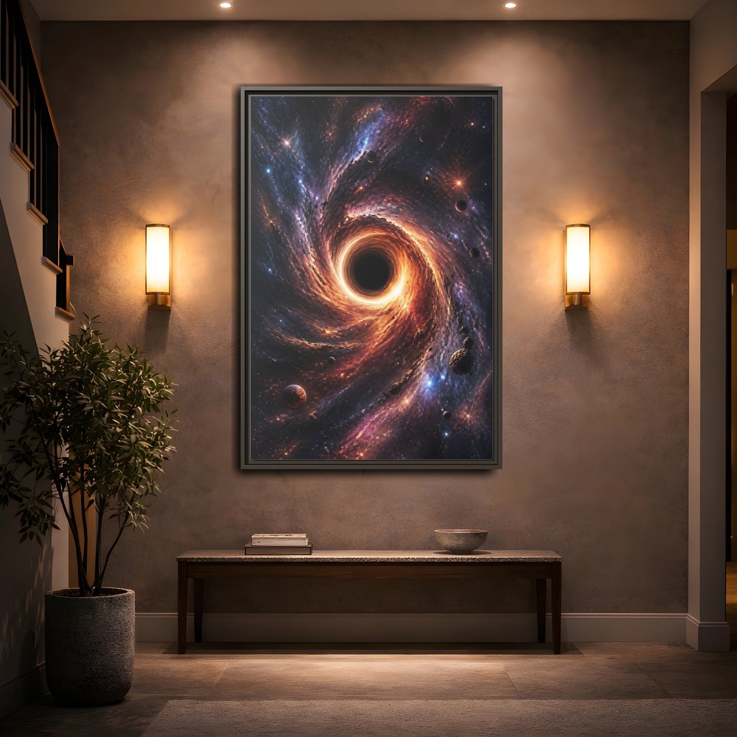 Mockup 2. Science Fiction Black Hole Orange Purple Nebula shown as stretched canvas wall art