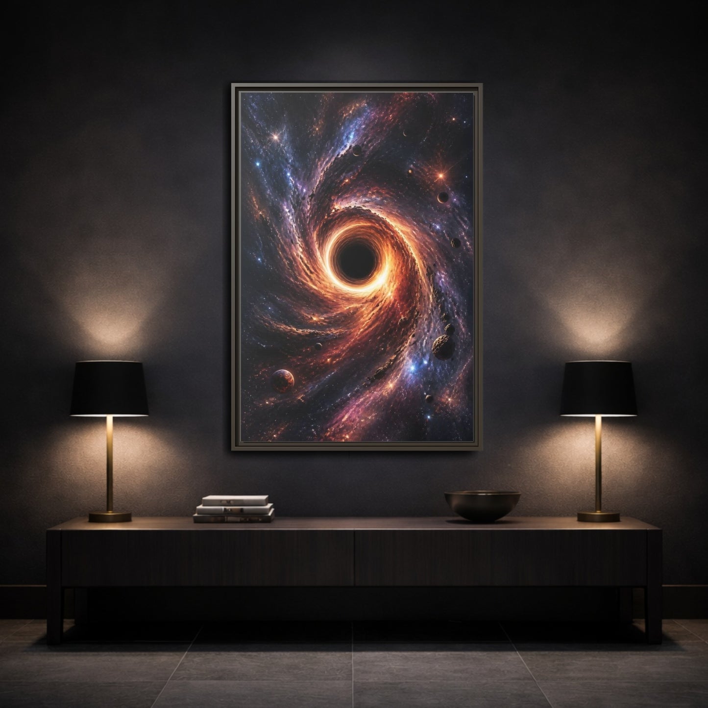 Mockup 3. Science Fiction Black Hole Orange Purple Nebula shown as stretched canvas wall art