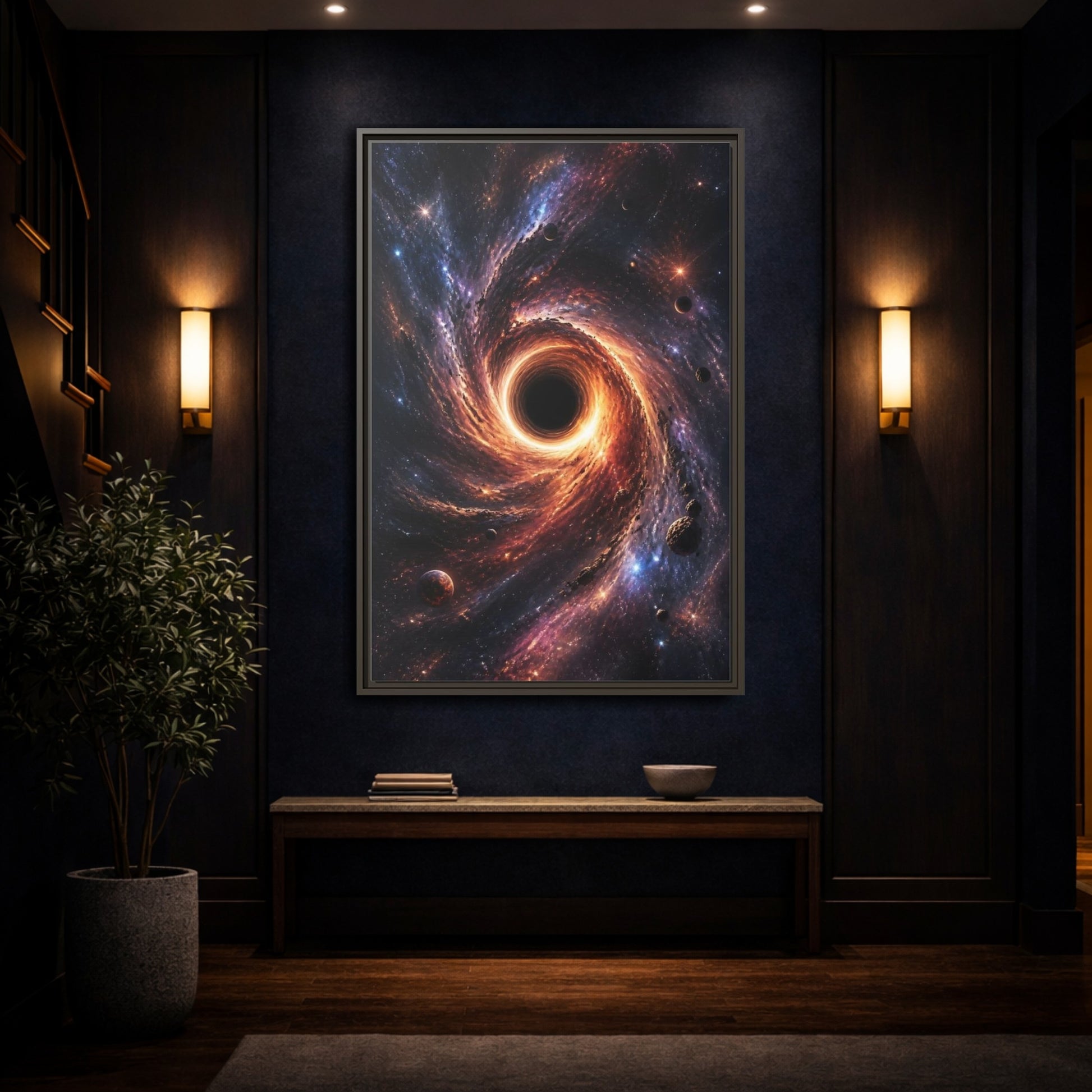 Mockup 4. Science Fiction Black Hole Orange Purple Nebula shown as stretched canvas wall art