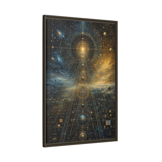 Main Mockup. Science Fiction Celestial Geometry Blue Gold Cosmic shown as stretched canvas wall art
