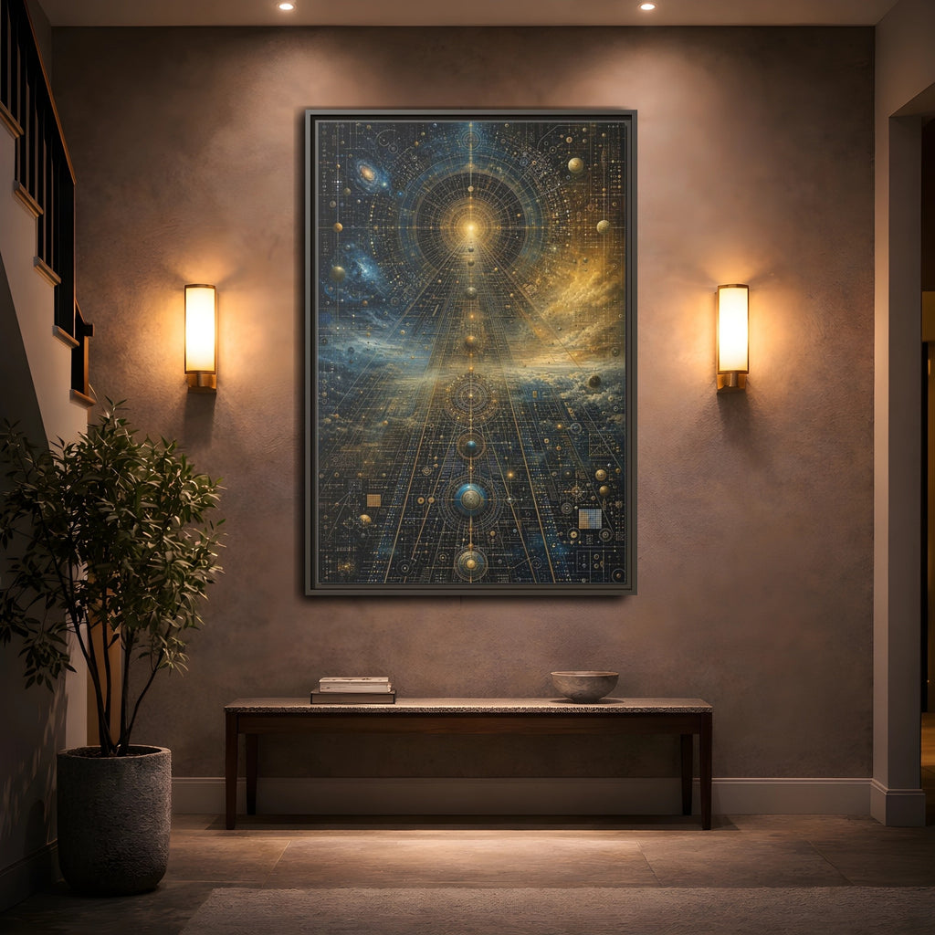 Mockup 2. Science Fiction Celestial Geometry Blue Gold Cosmic shown as stretched canvas wall art