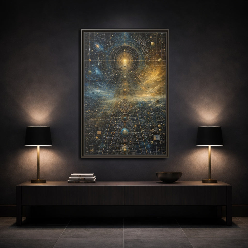 Mockup 3. Science Fiction Celestial Geometry Blue Gold Cosmic shown as stretched canvas wall art