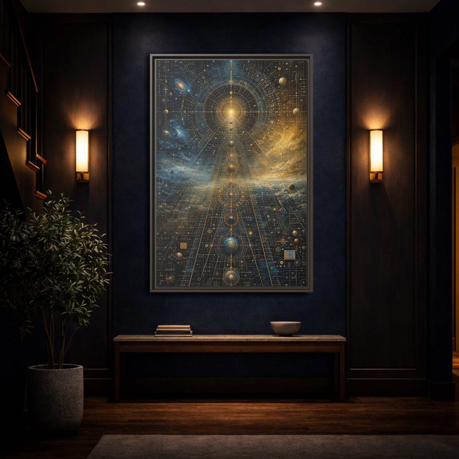 Mockup 4. Science Fiction Celestial Geometry Blue Gold Cosmic shown as stretched canvas wall art