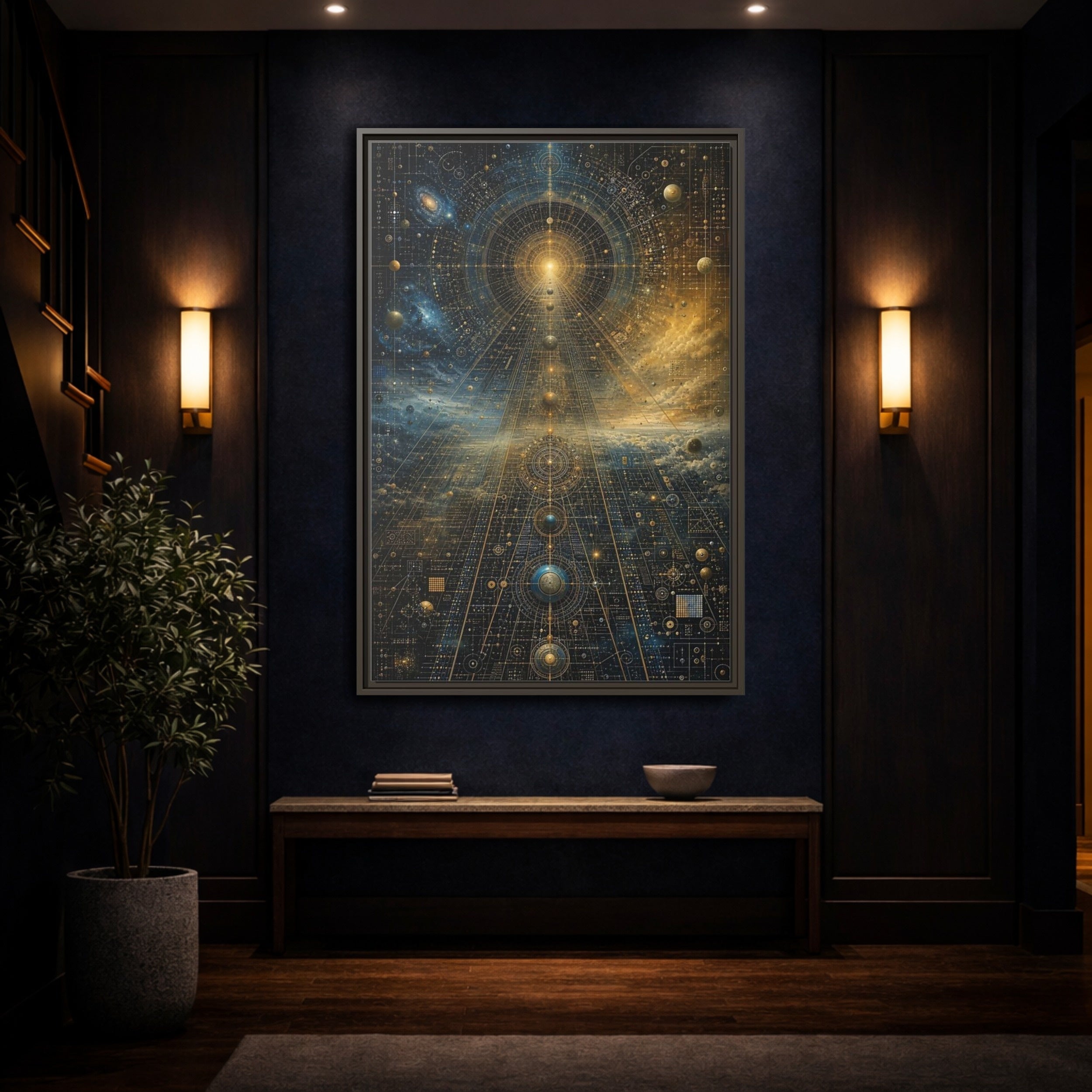 Mockup 4. Science Fiction Celestial Geometry Blue Gold Cosmic shown as stretched canvas wall art