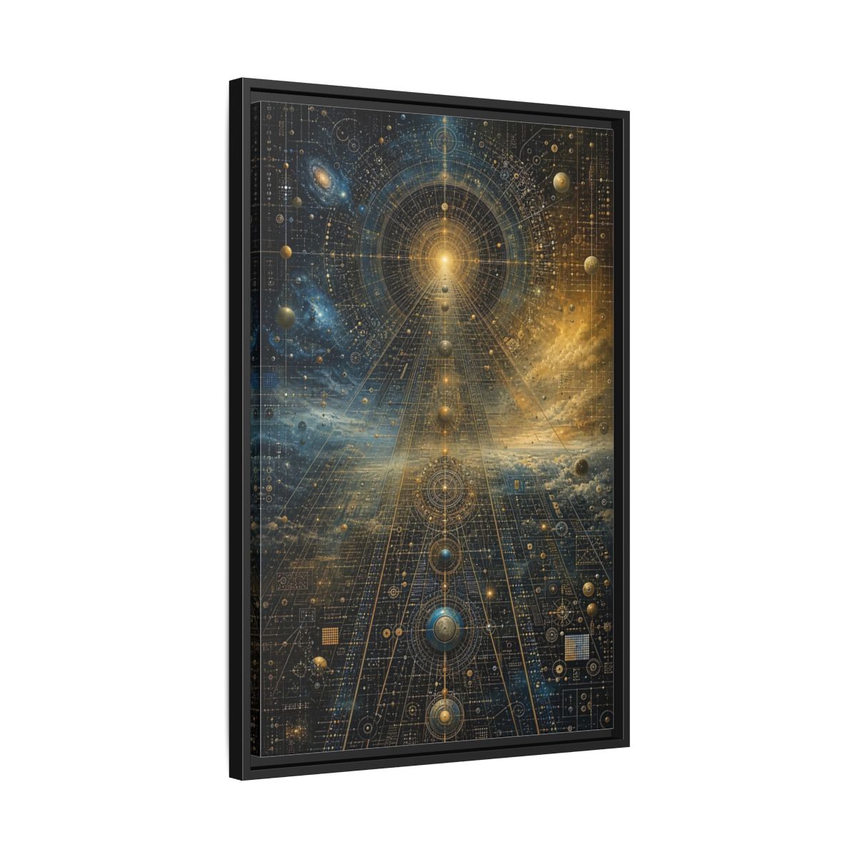 Side Mockup 14. Science Fiction Celestial Geometry Blue Gold Cosmic shown as stretched canvas wall art