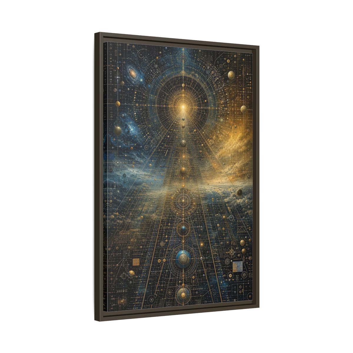 Side Mockup 11. Science Fiction Celestial Geometry Blue Gold Cosmic shown as stretched canvas wall art
